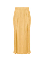 The PLEATS PLEASE ISSEY MIYAKE THICKER BOTTOMS 1 is a yellow pleated midi skirt with an elastic waistband, straight silhouette, and thick fabric, shown against a plain white background. - LIGHT YELLOW （no.51）