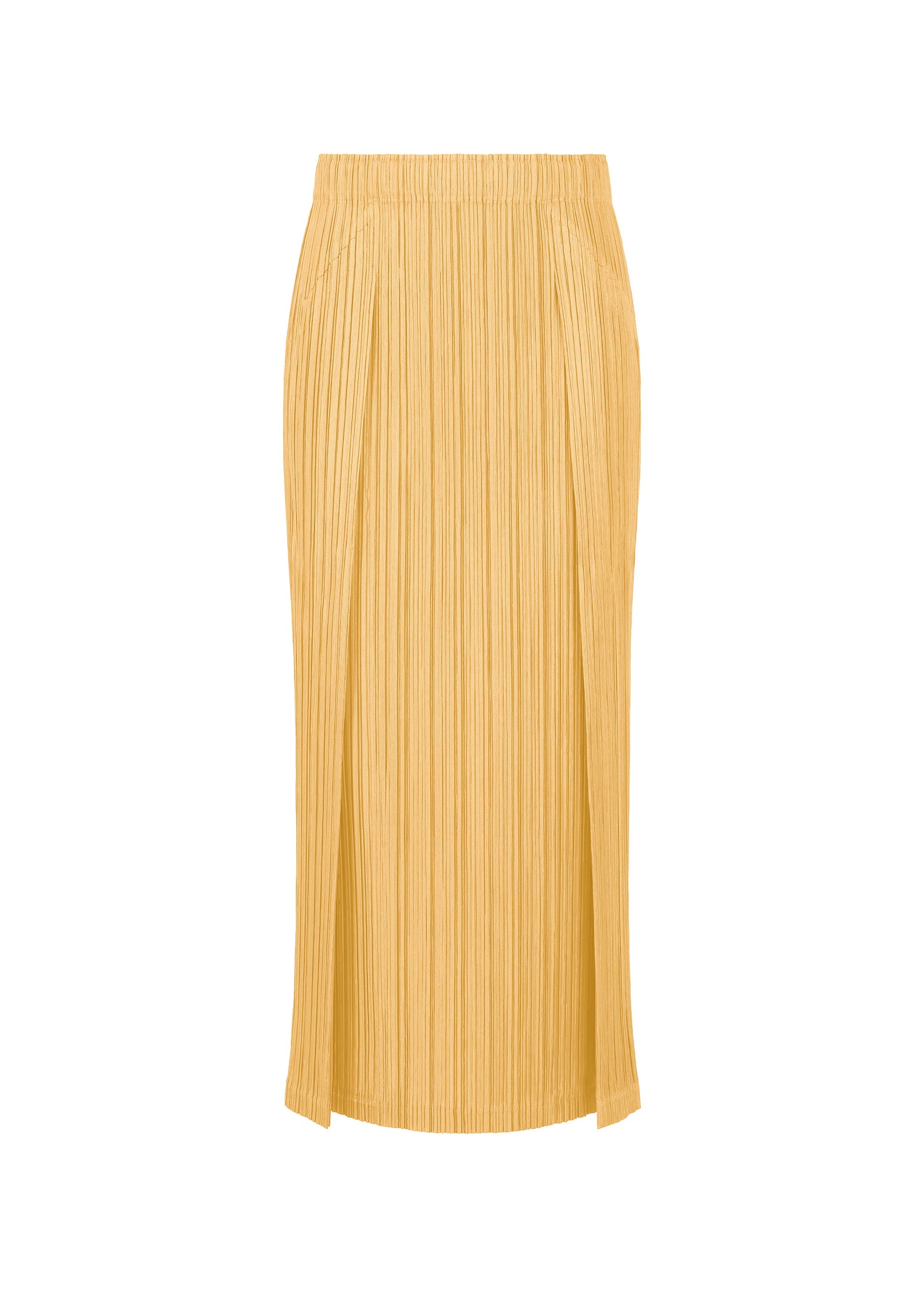 Zoomed view The PLEATS PLEASE ISSEY MIYAKE THICKER BOTTOMS 1 is a yellow pleated midi skirt with an elastic waistband, straight silhouette, and thick fabric, shown against a plain white background. - LIGHT YELLOW （no.51）