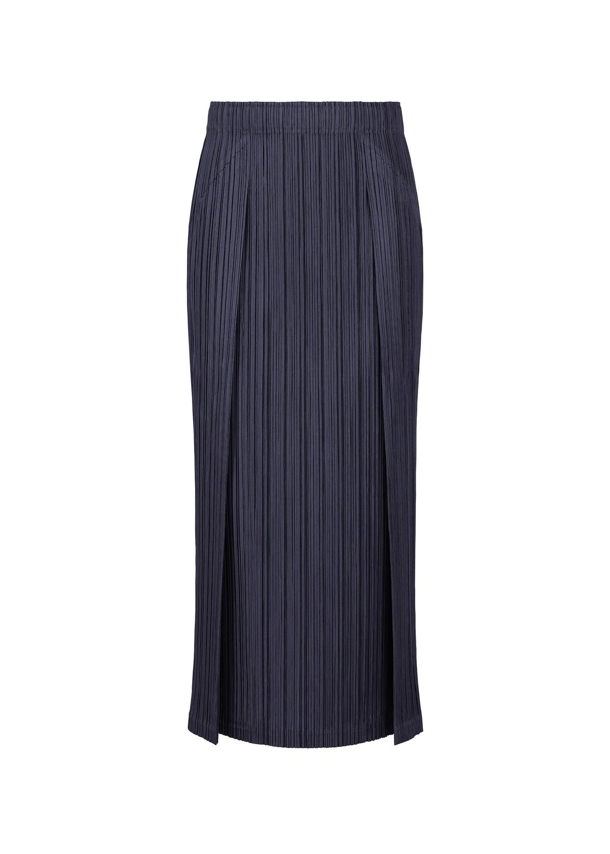 The PLEATS PLEASE ISSEY MIYAKE THICKER BOTTOMS 1 is a dark navy blue, knee-length skirt with vertical pleats, made from thick fabric and an elastic waistband, shown on a white background. view 3 of 11