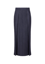 The PLEATS PLEASE ISSEY MIYAKE THICKER BOTTOMS 1 is a dark navy blue, knee-length skirt with vertical pleats, made from thick fabric and an elastic waistband, shown on a white background. - DARK NAVY （no.78）