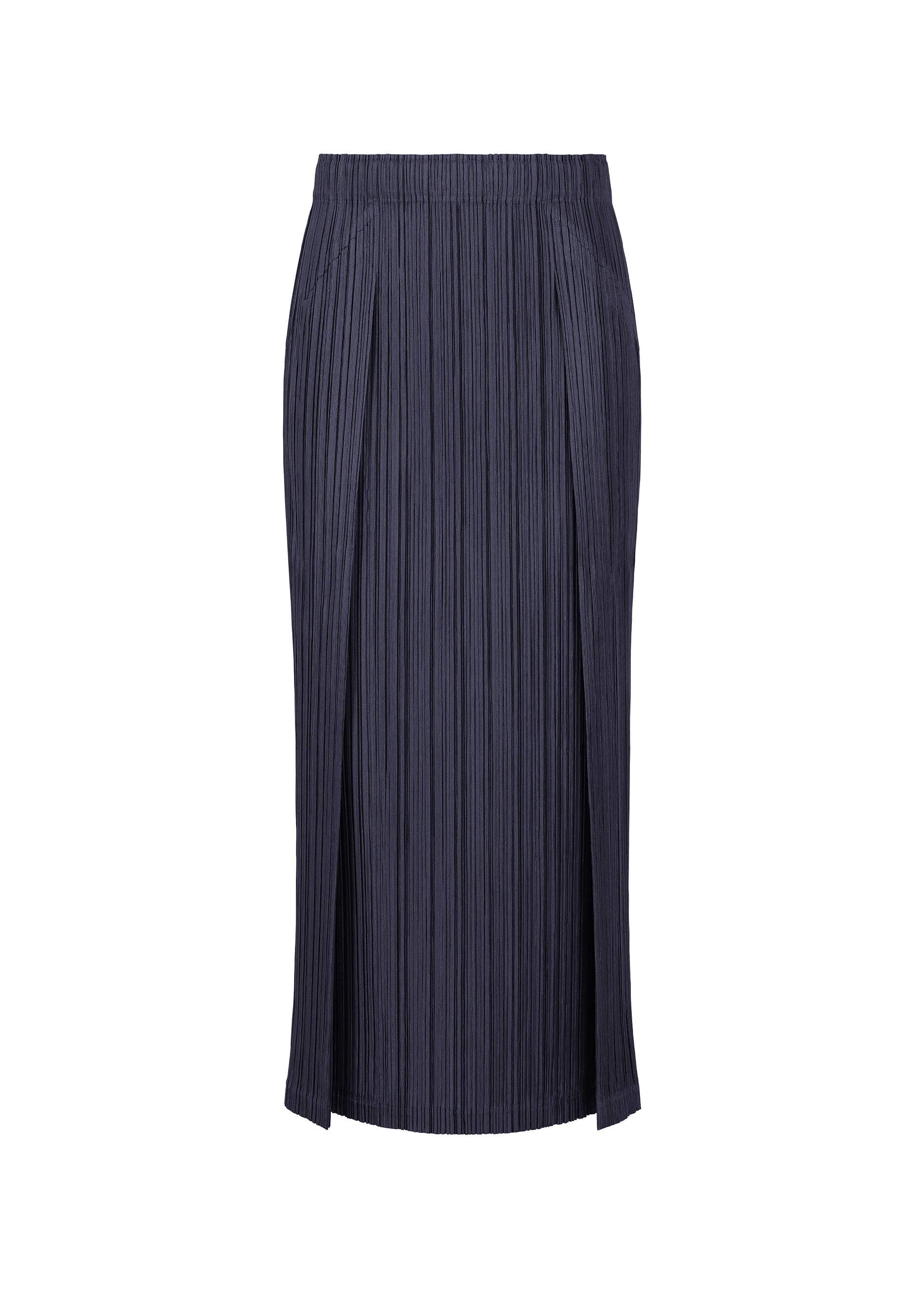 Zoomed view The PLEATS PLEASE ISSEY MIYAKE THICKER BOTTOMS 1 is a dark navy blue, knee-length skirt with vertical pleats, made from thick fabric and an elastic waistband, shown on a white background. - DARK NAVY （no.78）
