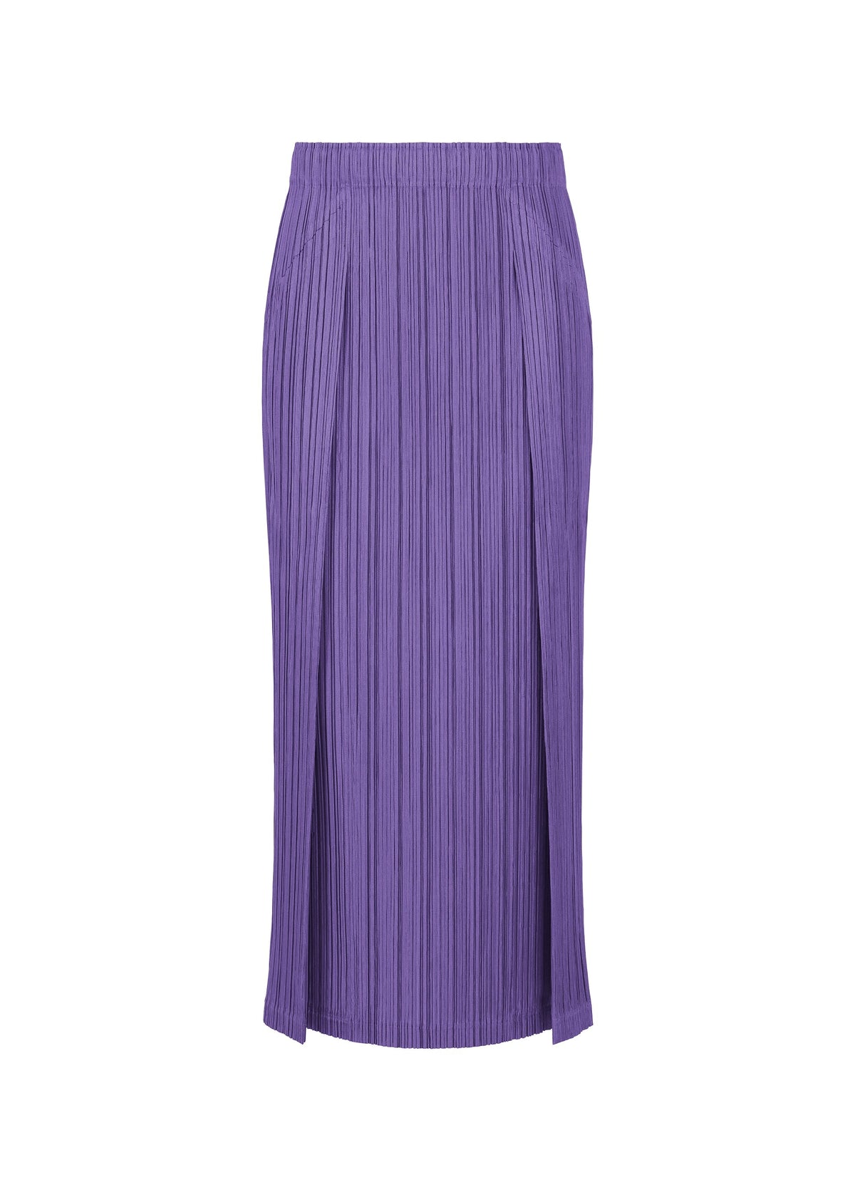 The THICKER BOTTOMS 1 by PLEATS PLEASE ISSEY MIYAKE is a purple pleated midi skirt with a straight silhouette, side slits, and discreet pockets, shown against a white background. view 4 of 11