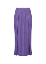 The THICKER BOTTOMS 1 by PLEATS PLEASE ISSEY MIYAKE is a purple pleated midi skirt with a straight silhouette, side slits, and discreet pockets, shown against a white background. - PURPLE （no.81）
