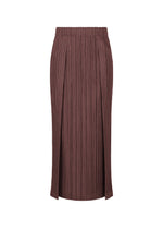 The THICKER BOTTOMS 1 skirt by PLEATS PLEASE ISSEY MIYAKE is a brown pleated midi with a straight silhouette, elastic waistband, two front slits, and vertical ribbed texture for a structured yet flowy look. - BORDEAUX （no.84）