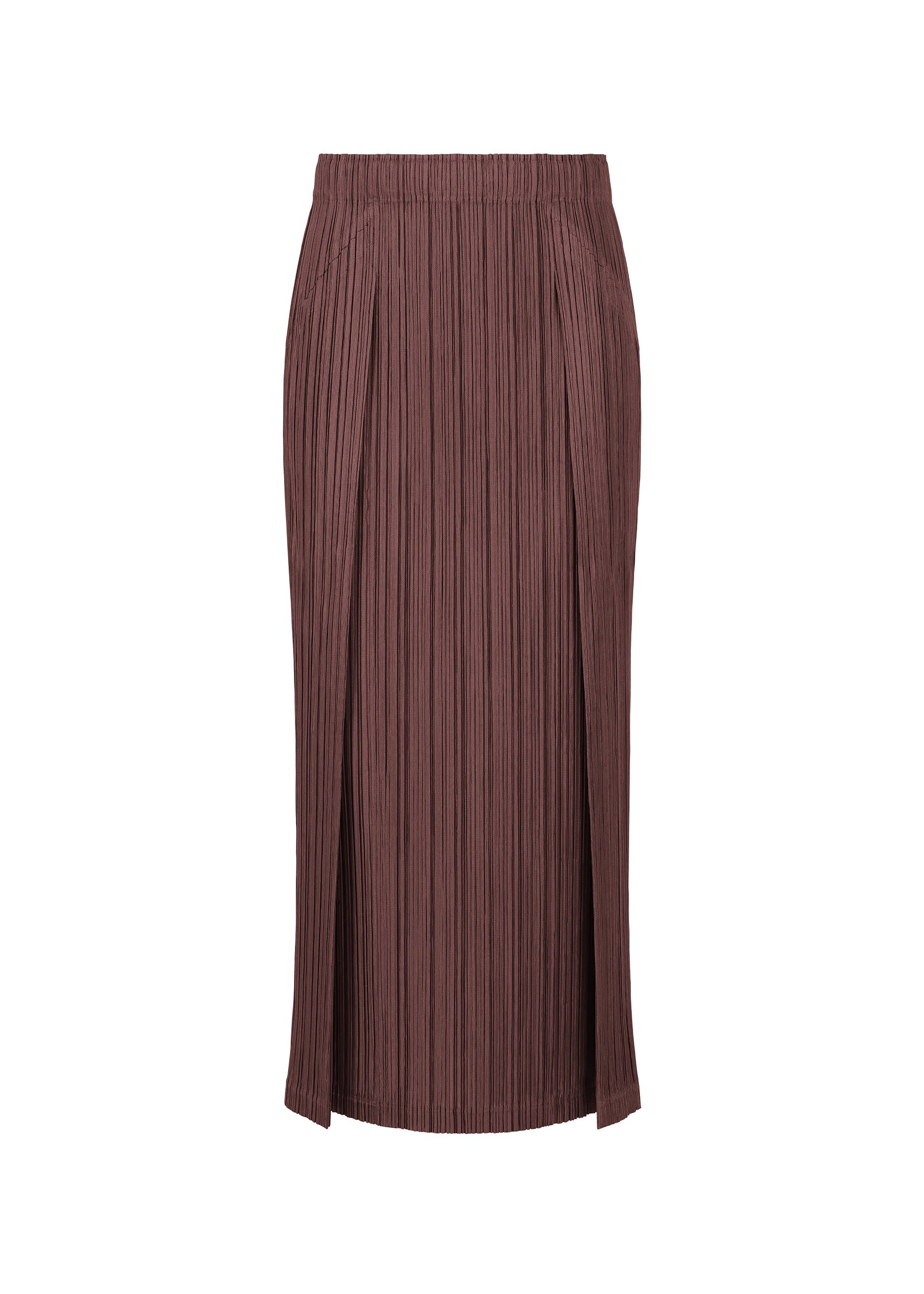 Zoomed view The THICKER BOTTOMS 1 skirt by PLEATS PLEASE ISSEY MIYAKE is a brown pleated midi with a straight silhouette, elastic waistband, two front slits, and vertical ribbed texture for a structured yet flowy look. - BORDEAUX （no.84）
