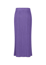 The THICKER BOTTOMS 1 by PLEATS PLEASE ISSEY MIYAKE is a long, high-waisted purple pleated skirt with an elastic waistband, pockets, and thick fabric, shown against a white background.