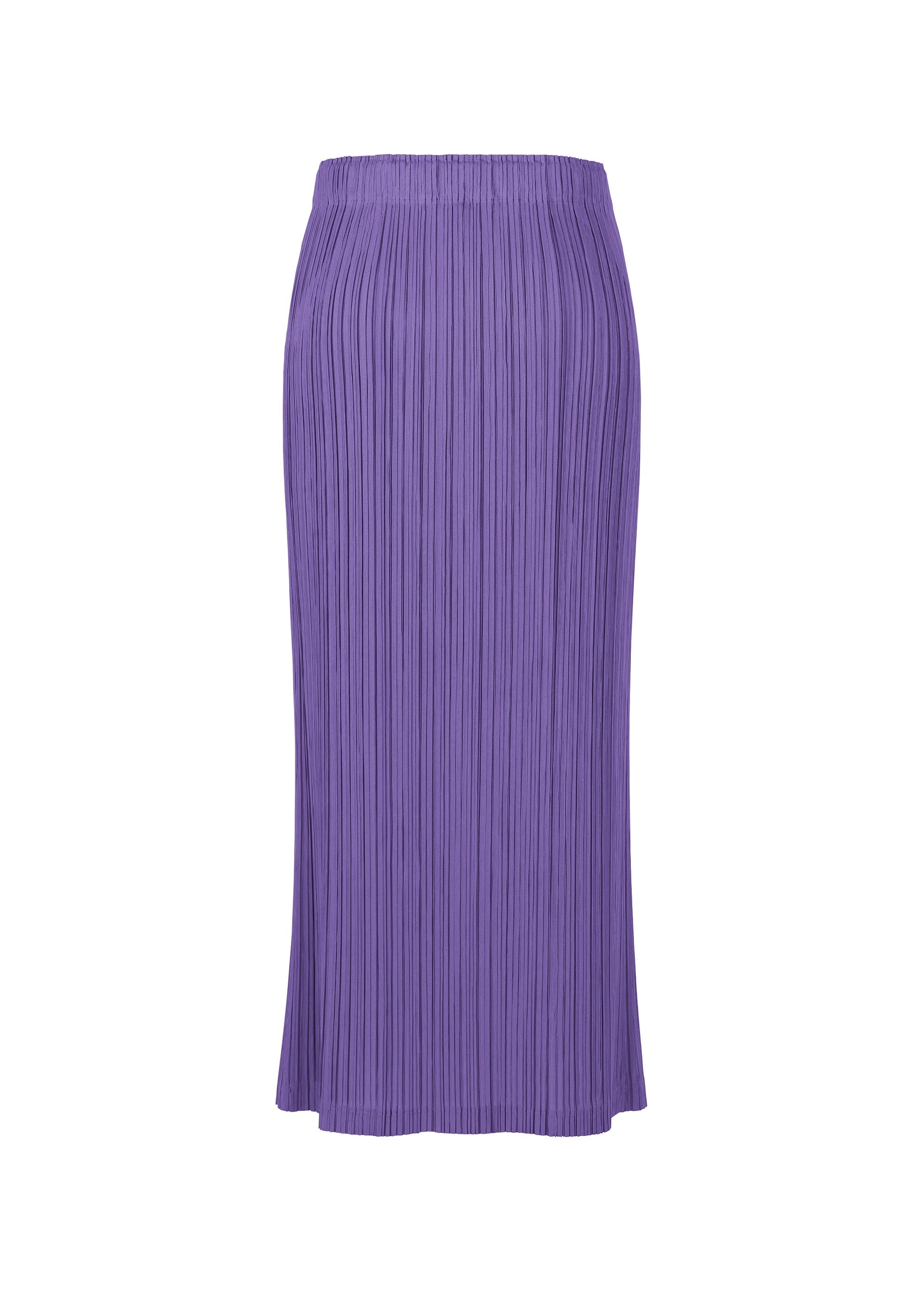 Zoomed view The THICKER BOTTOMS 1 by PLEATS PLEASE ISSEY MIYAKE is a long, high-waisted purple pleated skirt with an elastic waistband, pockets, and thick fabric, shown against a white background.
