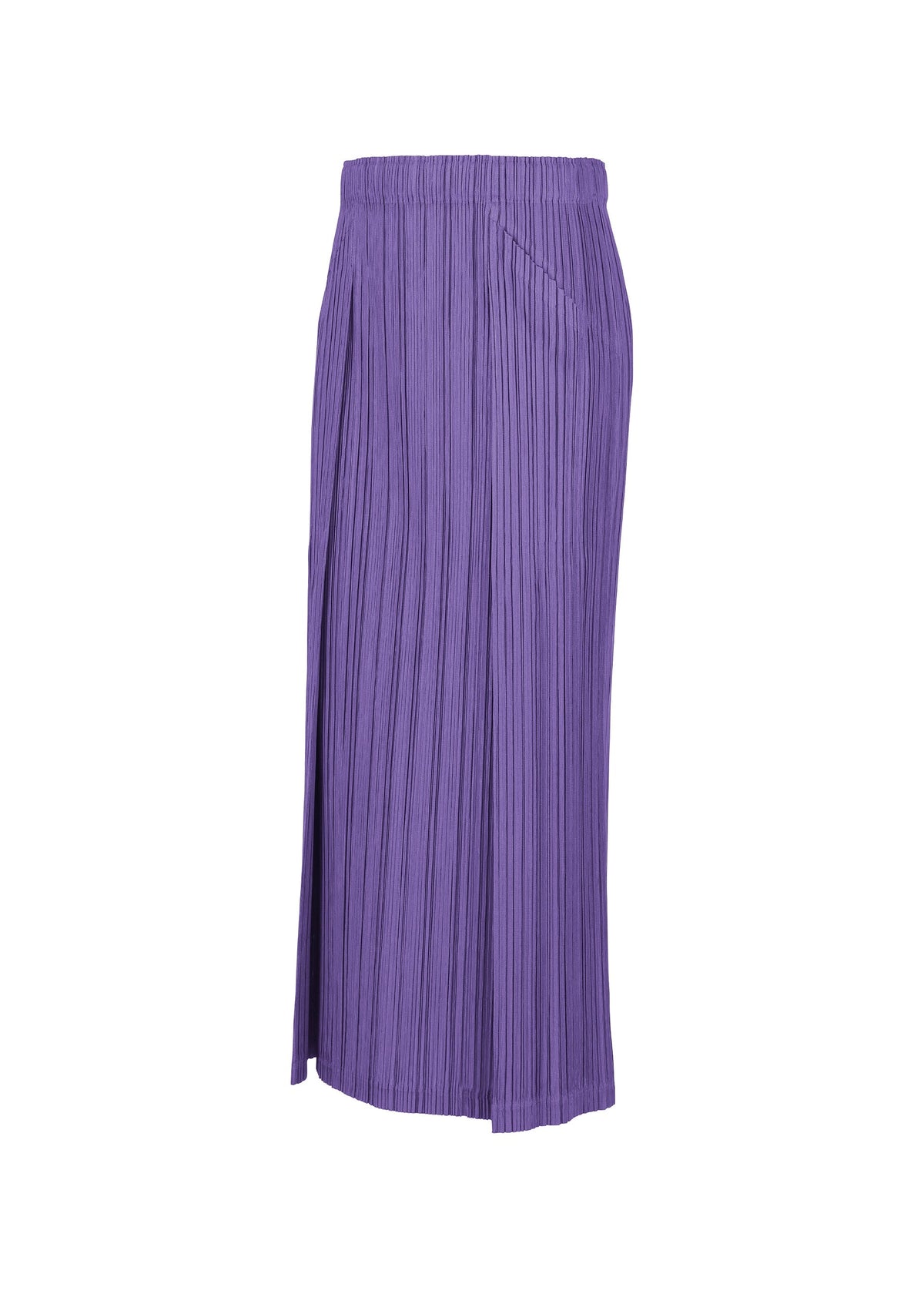 The THICKER BOTTOMS 1 by PLEATS PLEASE ISSEY MIYAKE is a long purple pleated skirt with an elastic waistband, side slit, and pockets, made from thick fabric and shown on a white background. view 7 of 11