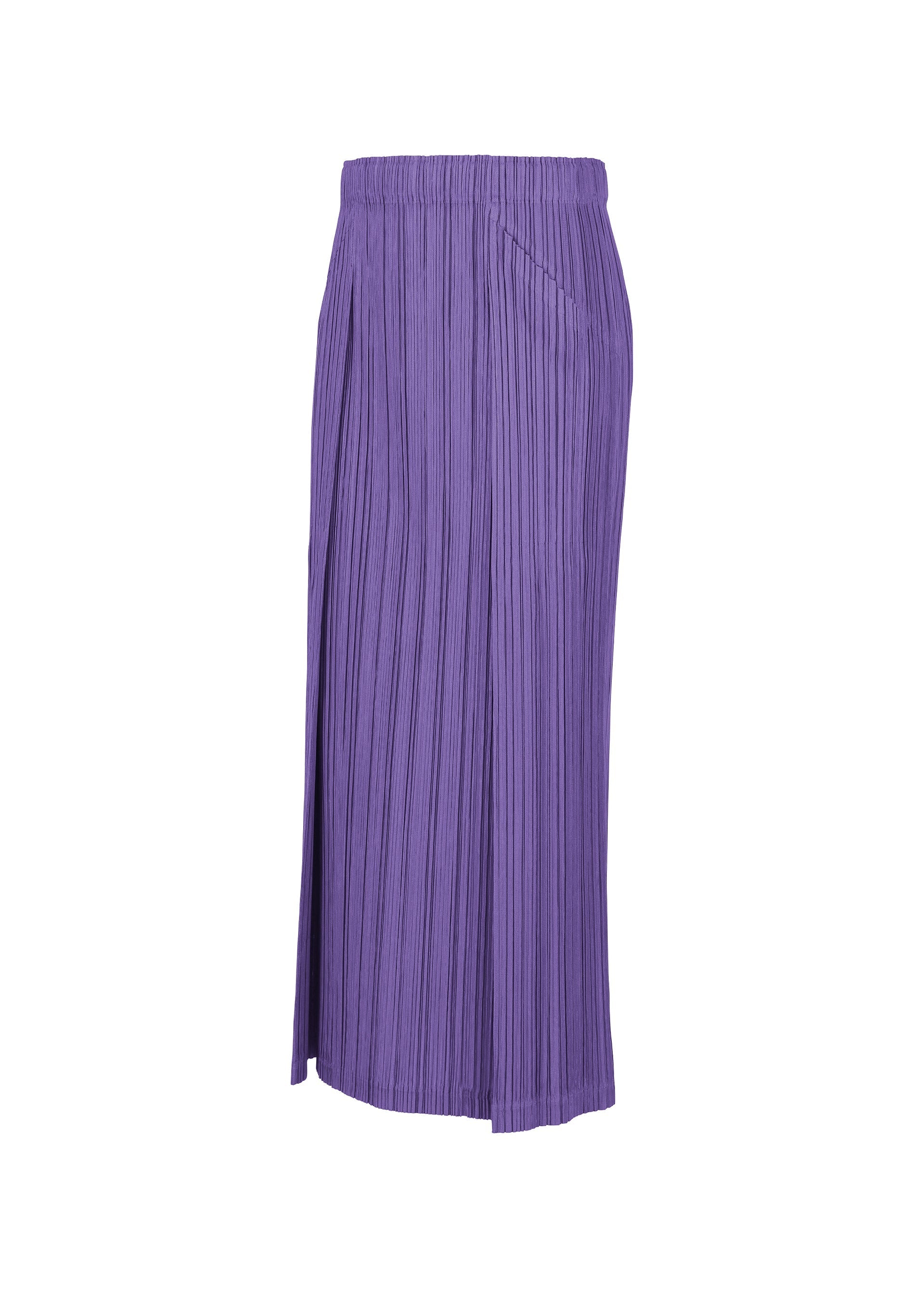 Zoomed view The THICKER BOTTOMS 1 by PLEATS PLEASE ISSEY MIYAKE is a long purple pleated skirt with an elastic waistband, side slit, and pockets, made from thick fabric and shown on a white background.