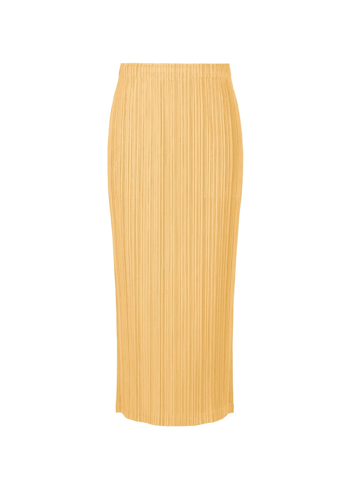 The THICKER BOTTOMS 1 skirt by PLEATS PLEASE ISSEY MIYAKE is a pleated beige, high-waisted, long straight skirt crafted from thick fabric with a sleek silhouette and subtle pockets, shown against a plain white background. view 2 of 6
