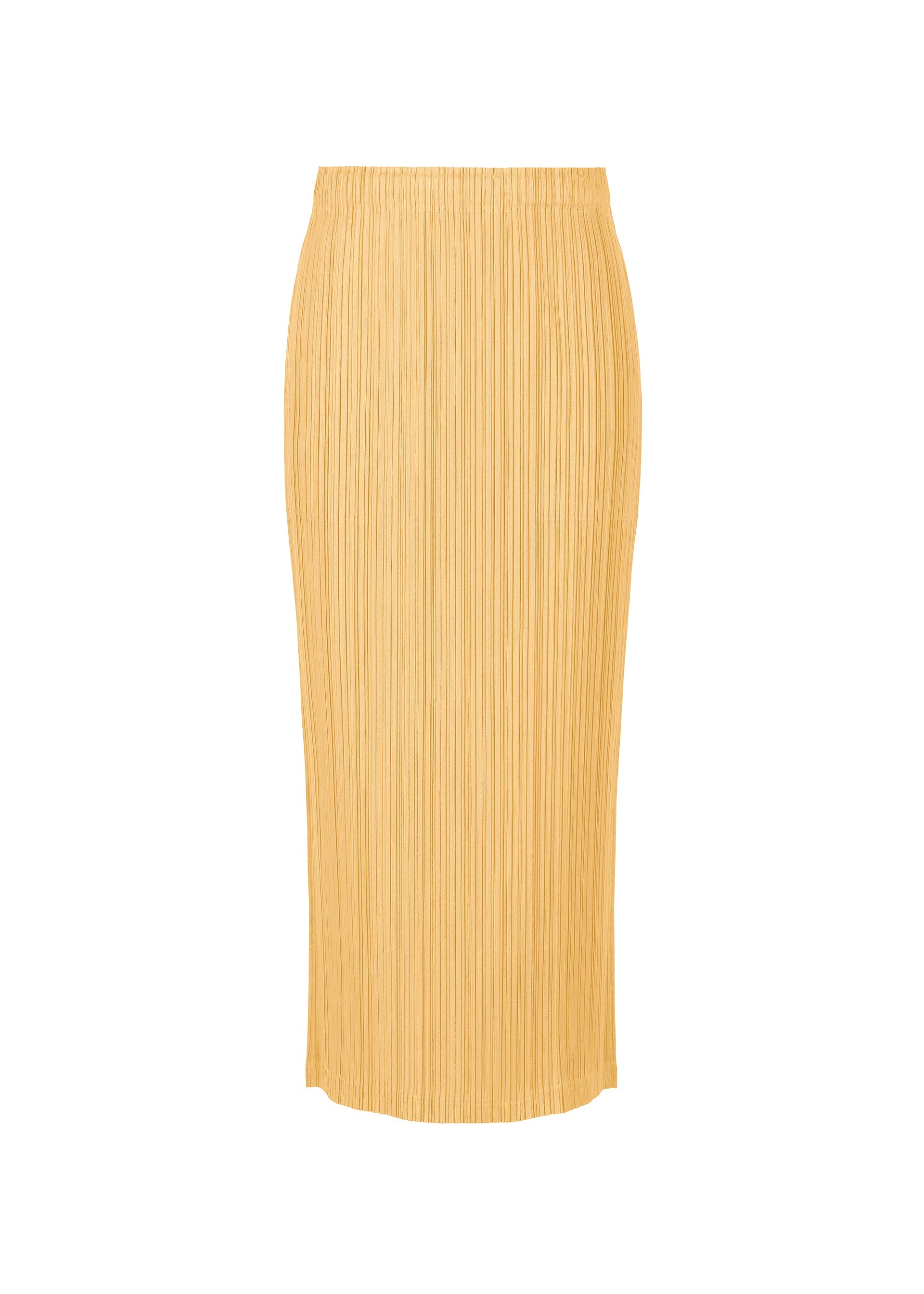 Zoomed view The THICKER BOTTOMS 1 skirt by PLEATS PLEASE ISSEY MIYAKE is a pleated beige, high-waisted, long straight skirt crafted from thick fabric with a sleek silhouette and subtle pockets, shown against a plain white background. - LIGHT YELLOW （no.51）