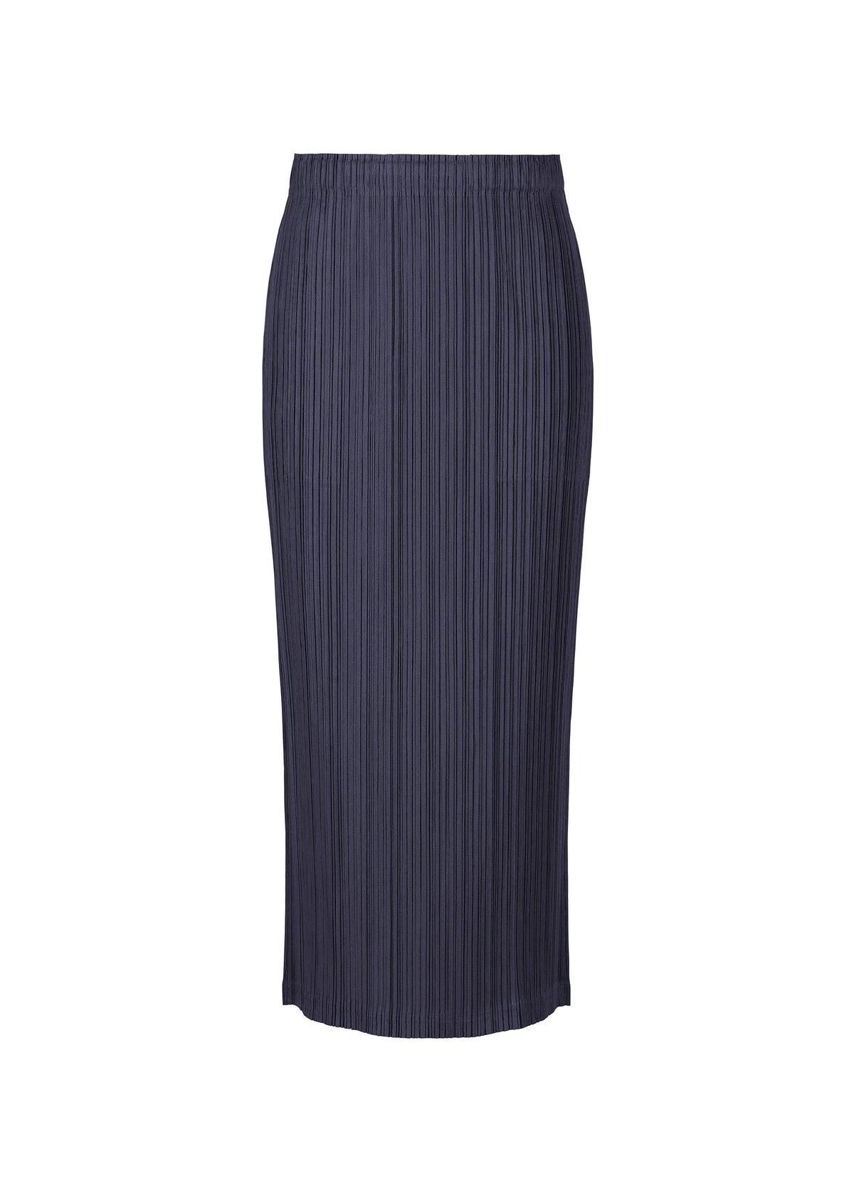The PLEATS PLEASE ISSEY MIYAKE THICKER BOTTOMS 1 is a navy blue, mid-length pleated skirt with an elastic waistband and pockets, made from thick fabric and shown on a plain white background. view 5 of 6