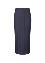 The PLEATS PLEASE ISSEY MIYAKE THICKER BOTTOMS 1 is a navy blue, mid-length pleated skirt with an elastic waistband and pockets, made from thick fabric and shown on a plain white background. - DARK NAVY （no.78）