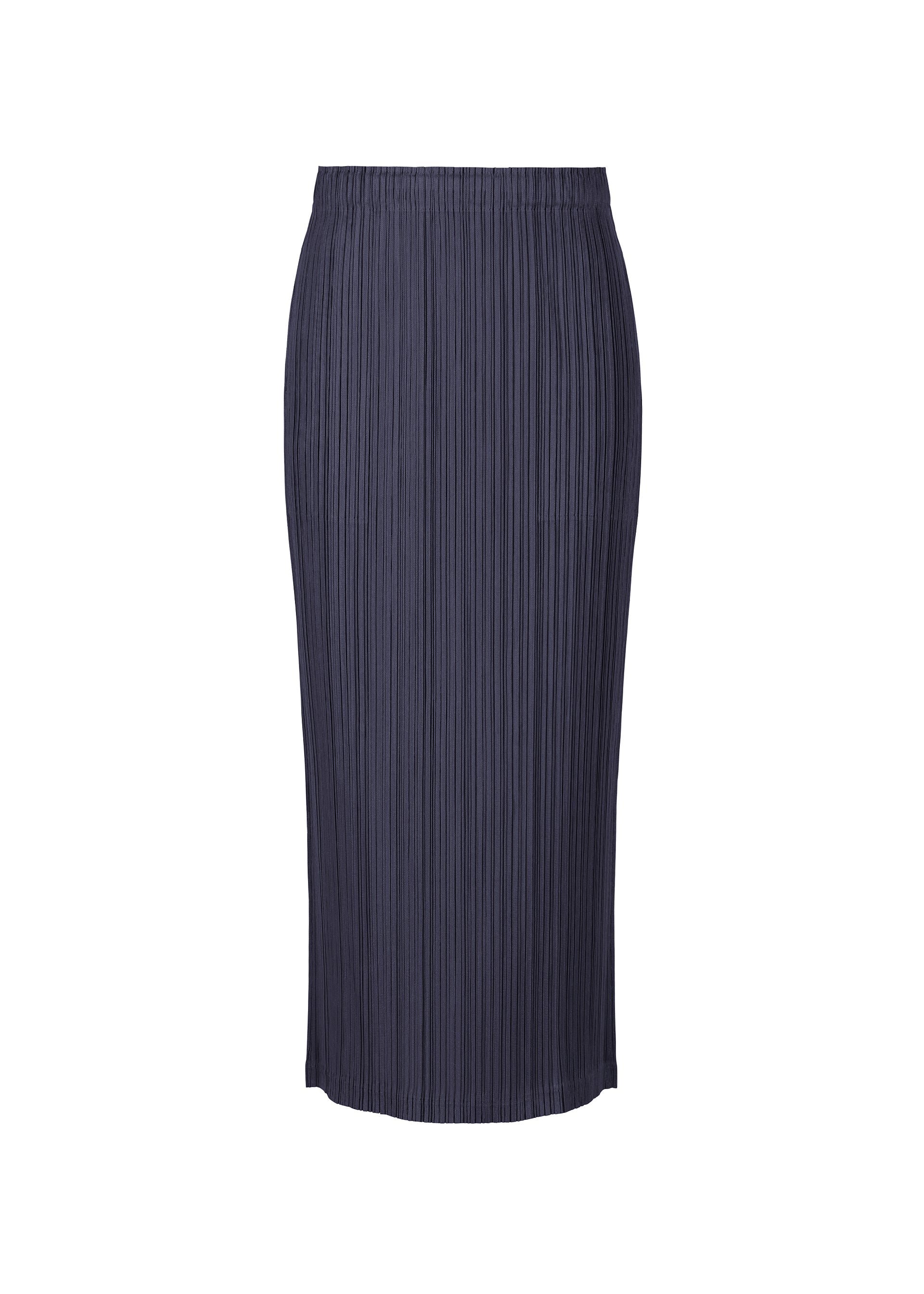 Zoomed view The PLEATS PLEASE ISSEY MIYAKE THICKER BOTTOMS 1 is a navy blue, mid-length pleated skirt with an elastic waistband and pockets, made from thick fabric and shown on a plain white background. - DARK NAVY （no.78）