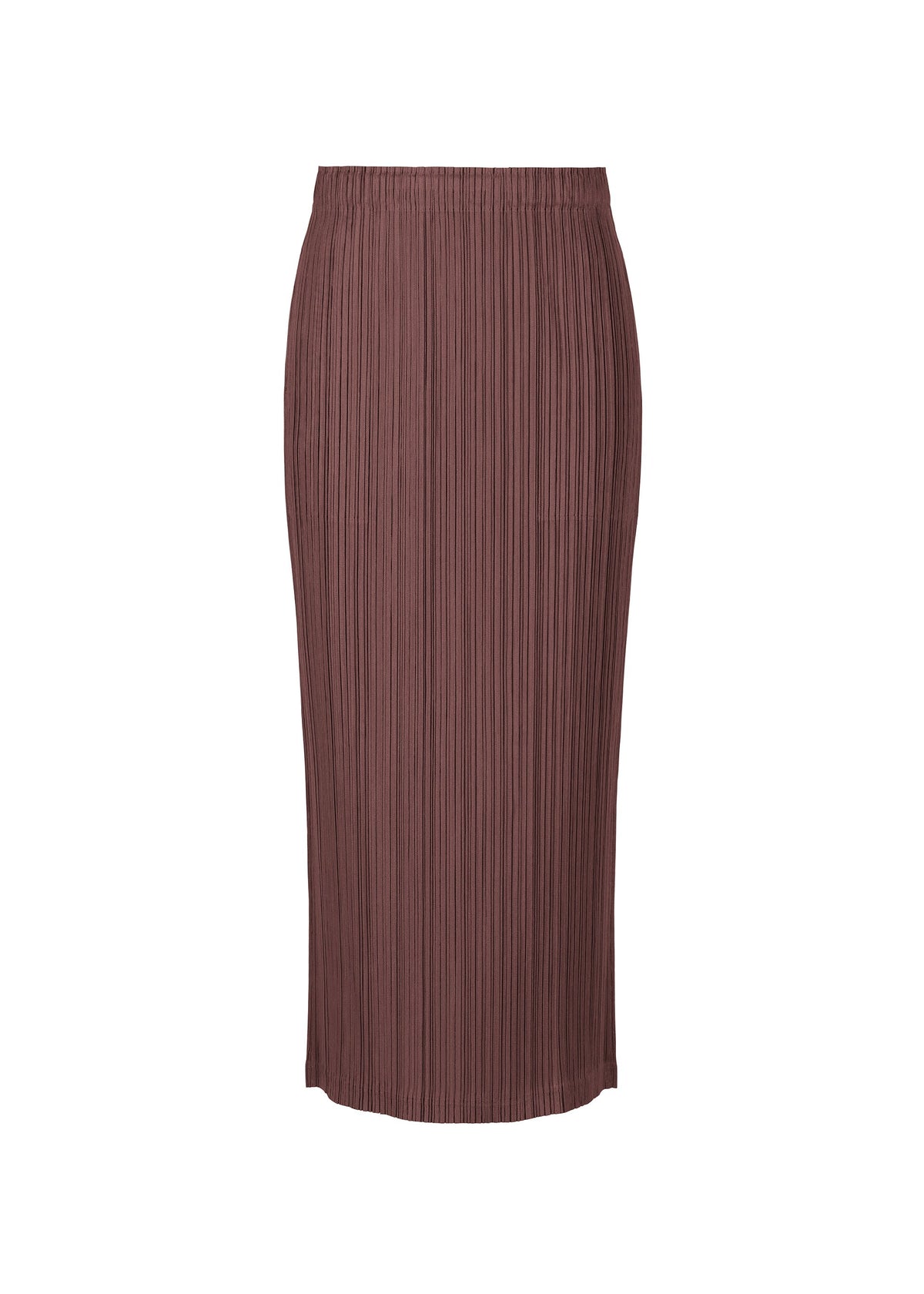 The PLEATS PLEASE ISSEY MIYAKE THICKER BOTTOMS 1 is a high-waisted, ankle-length straight skirt in dusty mauve, featuring thick pleated fabric and a slim silhouette, shown against a white background. view 6 of 6