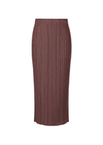 The PLEATS PLEASE ISSEY MIYAKE THICKER BOTTOMS 1 is a high-waisted, ankle-length straight skirt in dusty mauve, featuring thick pleated fabric and a slim silhouette, shown against a white background. - BORDEAUX （no.84）