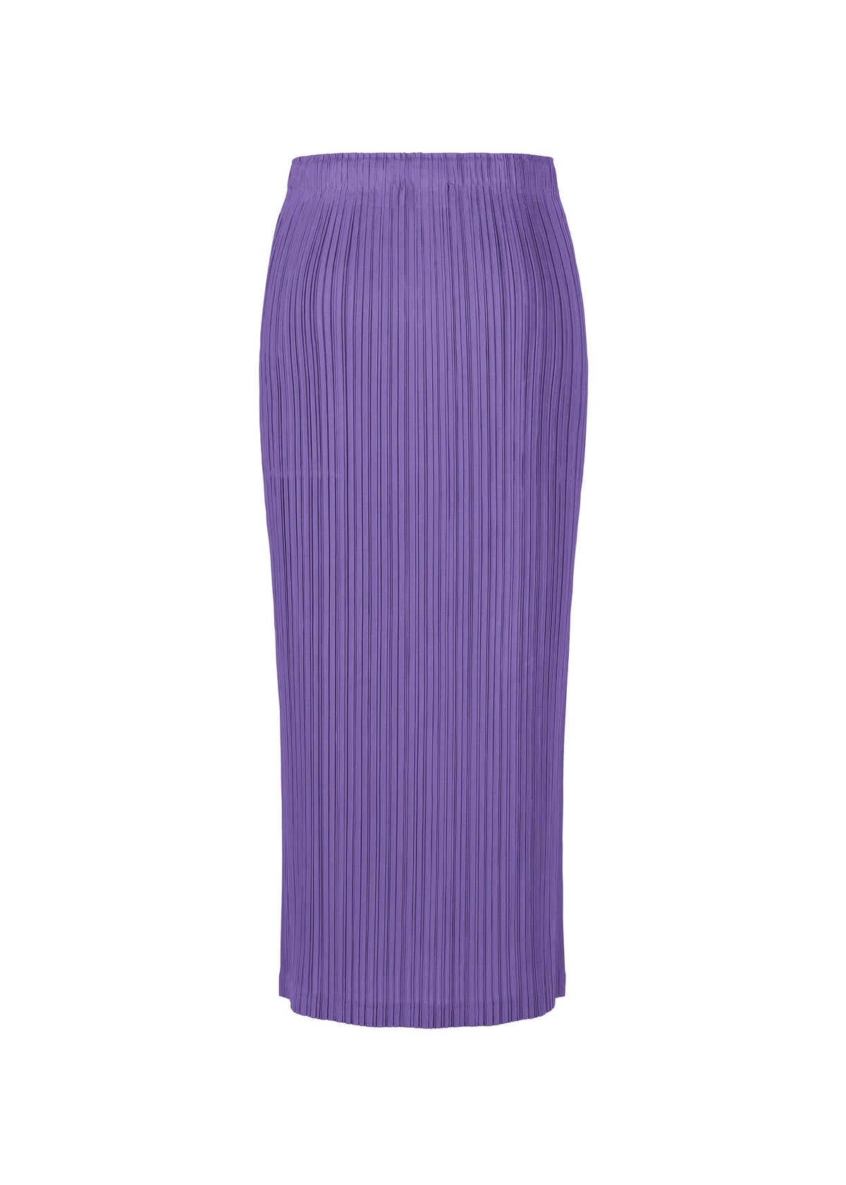 The THICKER BOTTOMS 1 by PLEATS PLEASE ISSEY MIYAKE is a long, high-waisted purple pleated skirt with a fitted silhouette and straight hem, made from thick fabric and shown against a white background. view 3 of 6