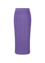 The THICKER BOTTOMS 1 by PLEATS PLEASE ISSEY MIYAKE is a long, high-waisted purple pleated skirt with a fitted silhouette and straight hem, made from thick fabric and shown against a white background.