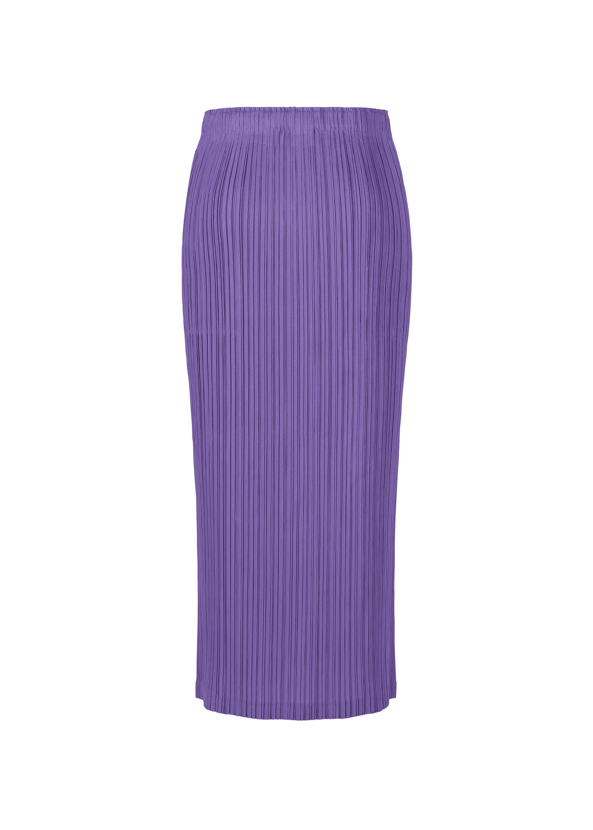 Zoomed view The THICKER BOTTOMS 1 by PLEATS PLEASE ISSEY MIYAKE is a long, high-waisted purple pleated skirt with a fitted silhouette and straight hem, made from thick fabric and shown against a white background.