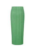 The PLEATS PLEASE ISSEY MIYAKE THICKER BOTTOMS 2 is a green, high-waisted, pleated midi straight skirt with thick fabric and a sleek silhouette, displayed against a white background.