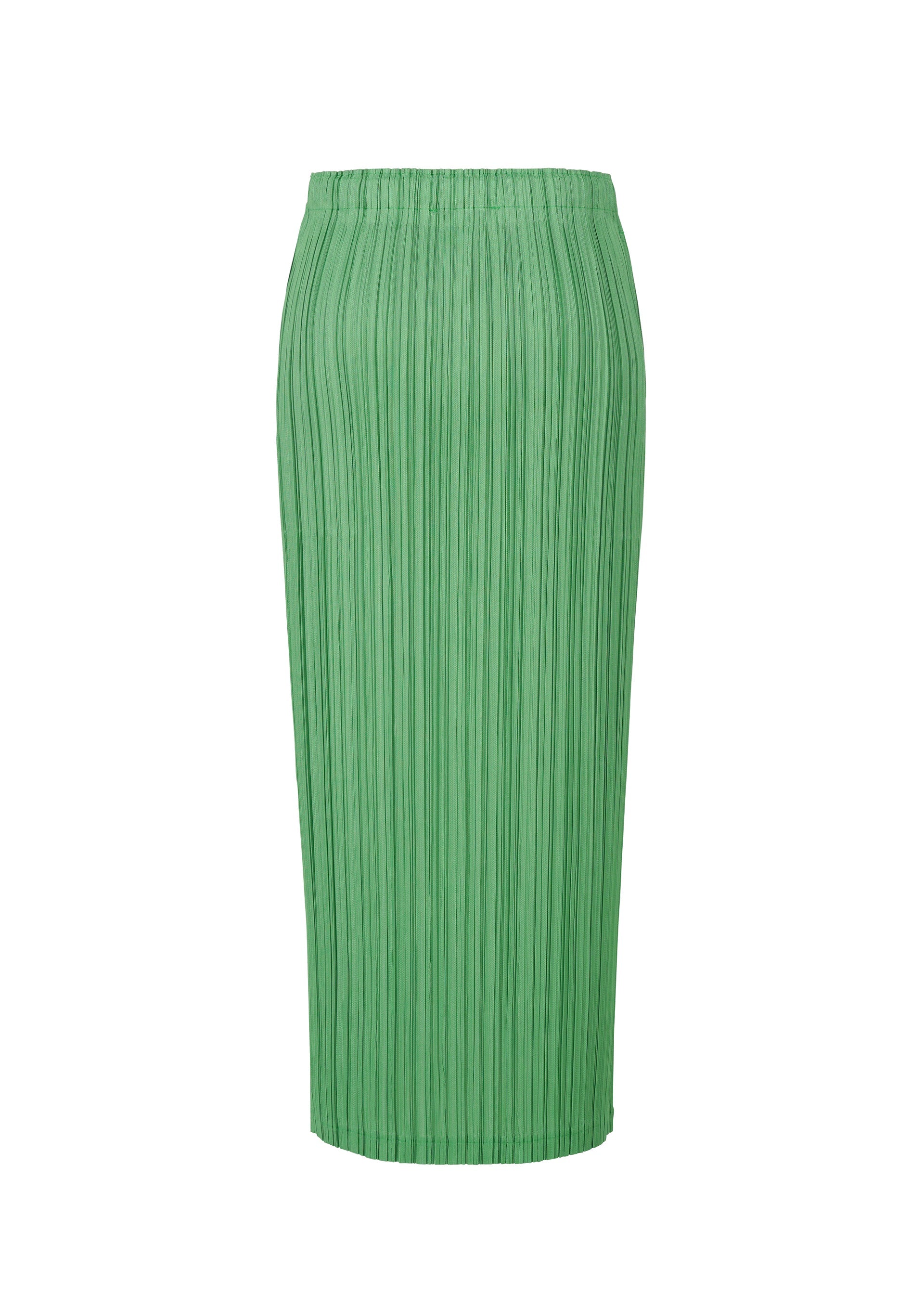 Zoomed view The PLEATS PLEASE ISSEY MIYAKE THICKER BOTTOMS 2 is a green, high-waisted, pleated midi straight skirt with thick fabric and a sleek silhouette, displayed against a white background.
