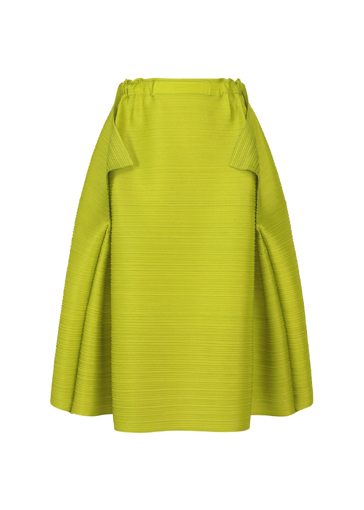 The BOUNCY BASKET skirt by PLEATS PLEASE ISSEY MIYAKE is a bright yellow-green piece with a ribbed texture, structured basket silhouette, bold side panels, and fitted waist—an eye-catching choice in women's fashion. view 2 of 9