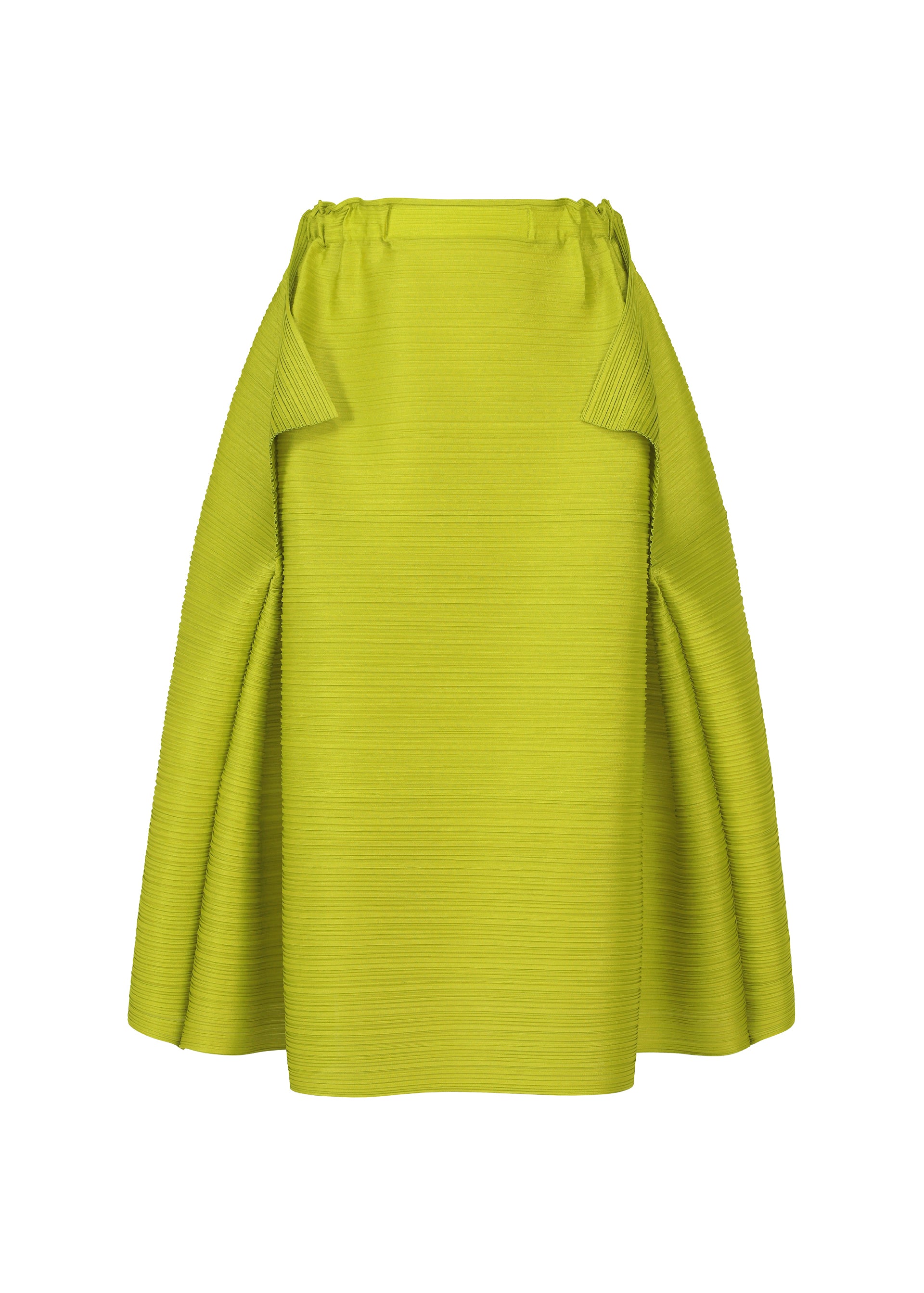 Zoomed view The BOUNCY BASKET skirt by PLEATS PLEASE ISSEY MIYAKE is a bright yellow-green piece with a ribbed texture, structured basket silhouette, bold side panels, and fitted waist—an eye-catching choice in women's fashion. - YELLOW GREEN （no.64）