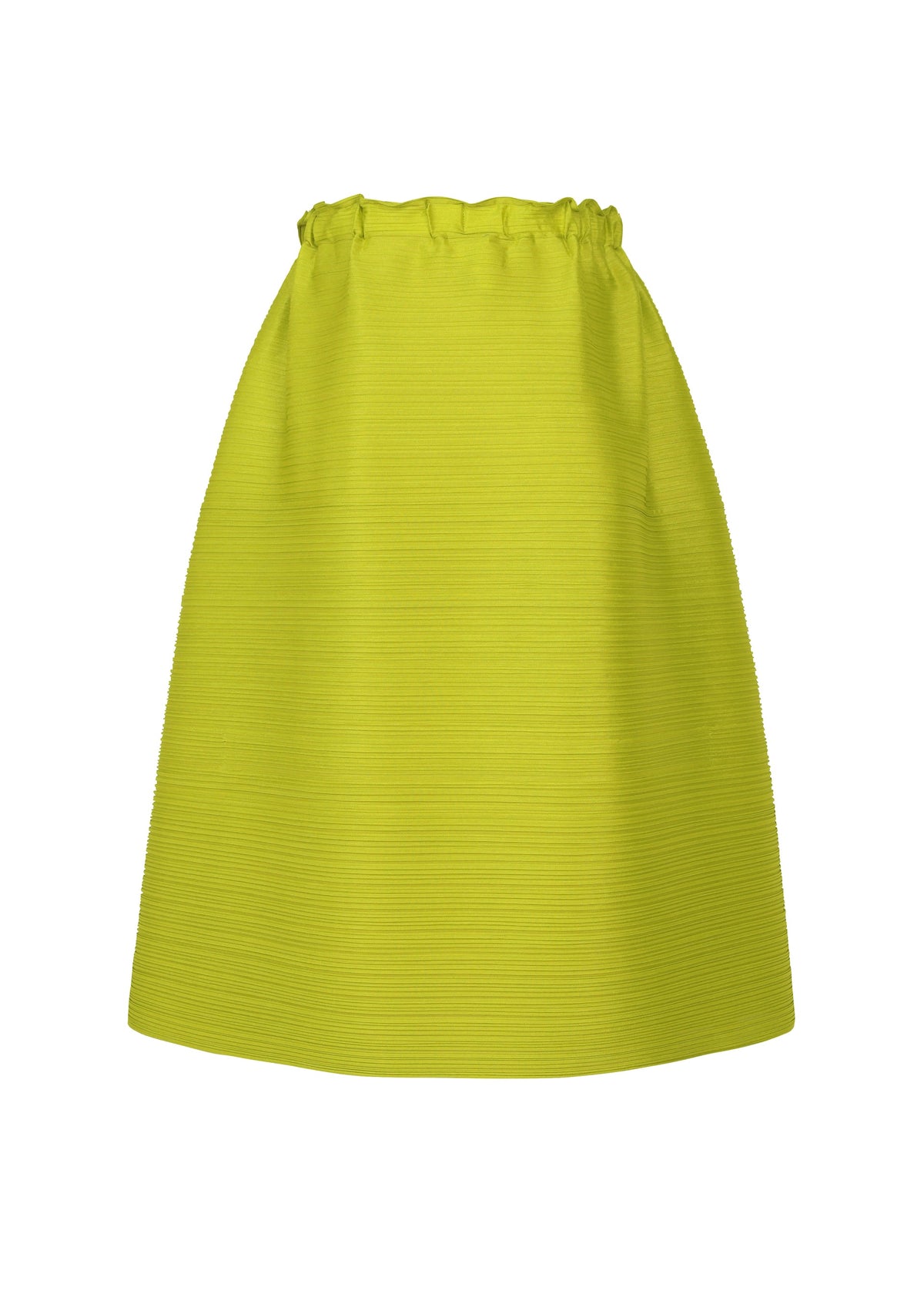 The BOUNCY BASKET skirt by PLEATS PLEASE ISSEY MIYAKE is a bright yellow-green, knee-length pleated piece with a subtle texture, elastic waistband, and A-line basket silhouette—perfect for elevating any women’s outfit. view 4 of 9