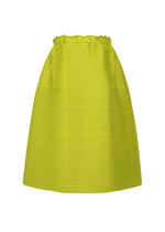 The BOUNCY BASKET skirt by PLEATS PLEASE ISSEY MIYAKE is a bright yellow-green, knee-length pleated piece with a subtle texture, elastic waistband, and A-line basket silhouette—perfect for elevating any women’s outfit.