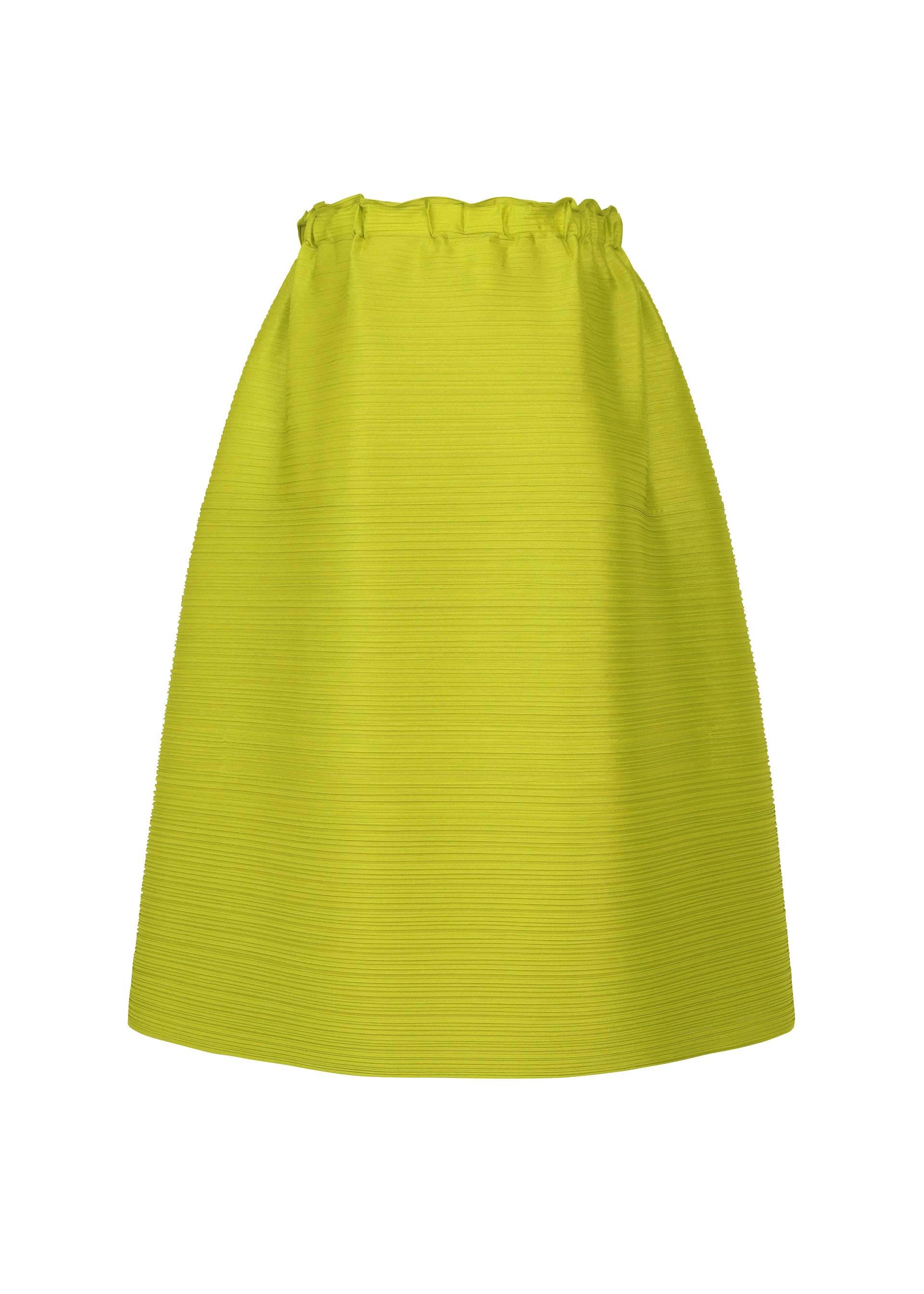 Zoomed view The BOUNCY BASKET skirt by PLEATS PLEASE ISSEY MIYAKE is a bright yellow-green, knee-length pleated piece with a subtle texture, elastic waistband, and A-line basket silhouette—perfect for elevating any women’s outfit.