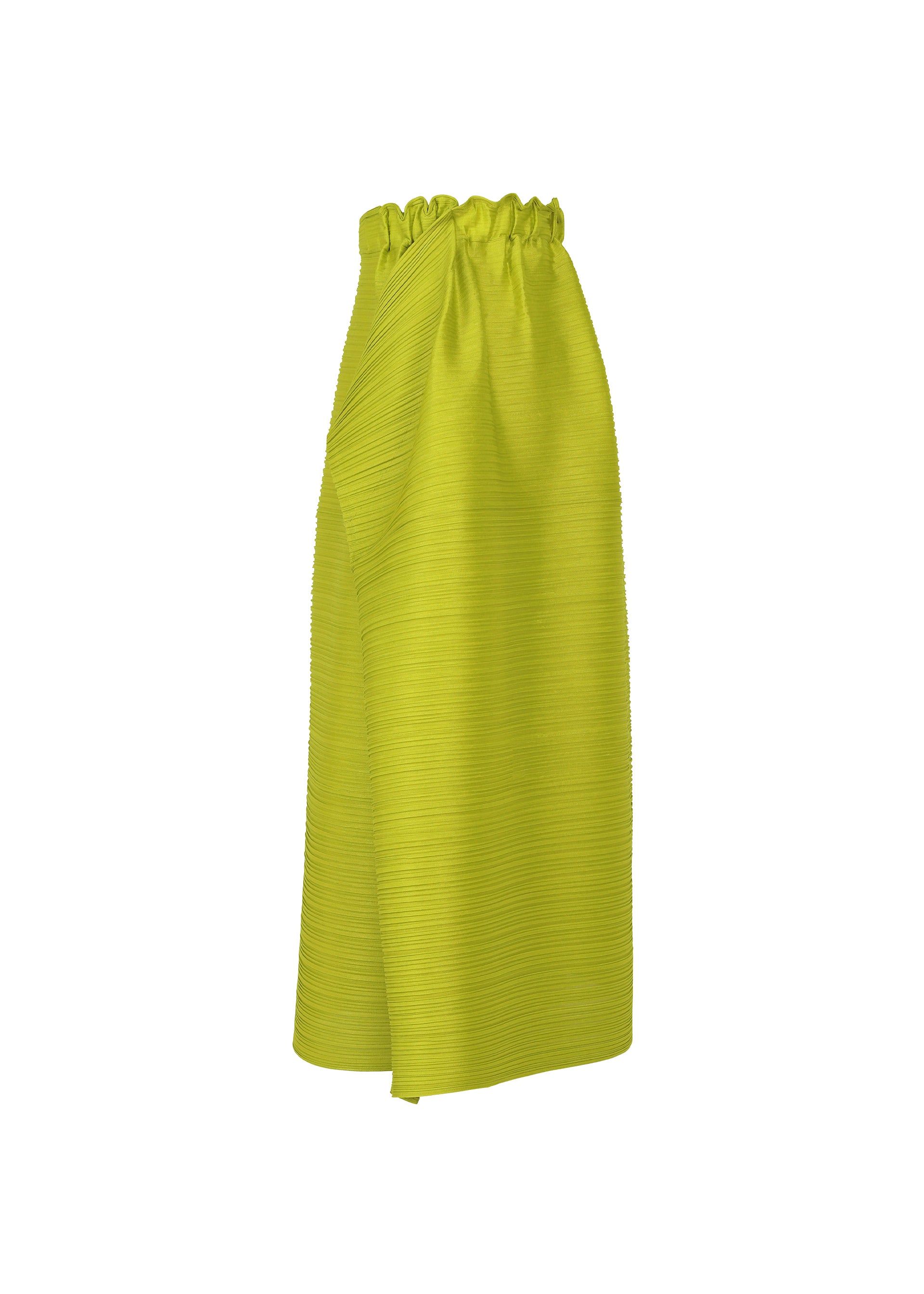 Zoomed view The PLEATS PLEASE ISSEY MIYAKE BOUNCY BASKET skirt features a bright yellow-green pleated design, basket silhouette, textured fabric, high ruffled waistband, and asymmetrical drape—standout women’s fashion against a white background.