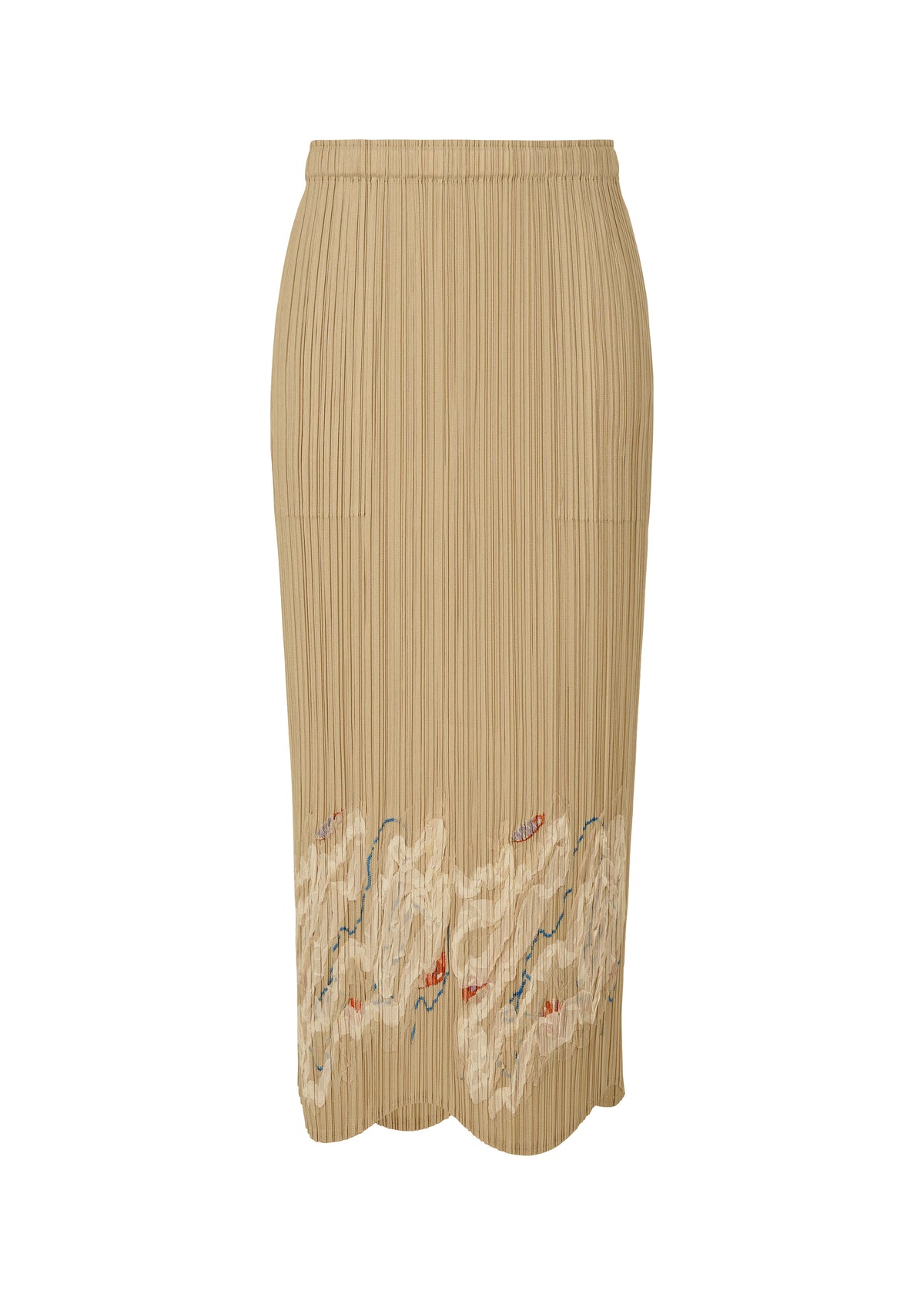 The I SPY! skirt from PLEATS PLEASE ISSEY MIYAKE is a beige pleated tulle skirt with an elastic waist, scalloped hem, and cream, pale pink, and light blue floral embroidery—perfect for breezy days. view 2 of 10