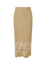 The I SPY! skirt from PLEATS PLEASE ISSEY MIYAKE is a beige pleated tulle skirt with an elastic waist, scalloped hem, and cream, pale pink, and light blue floral embroidery—perfect for breezy days. - SAND BEIGE (no.43)