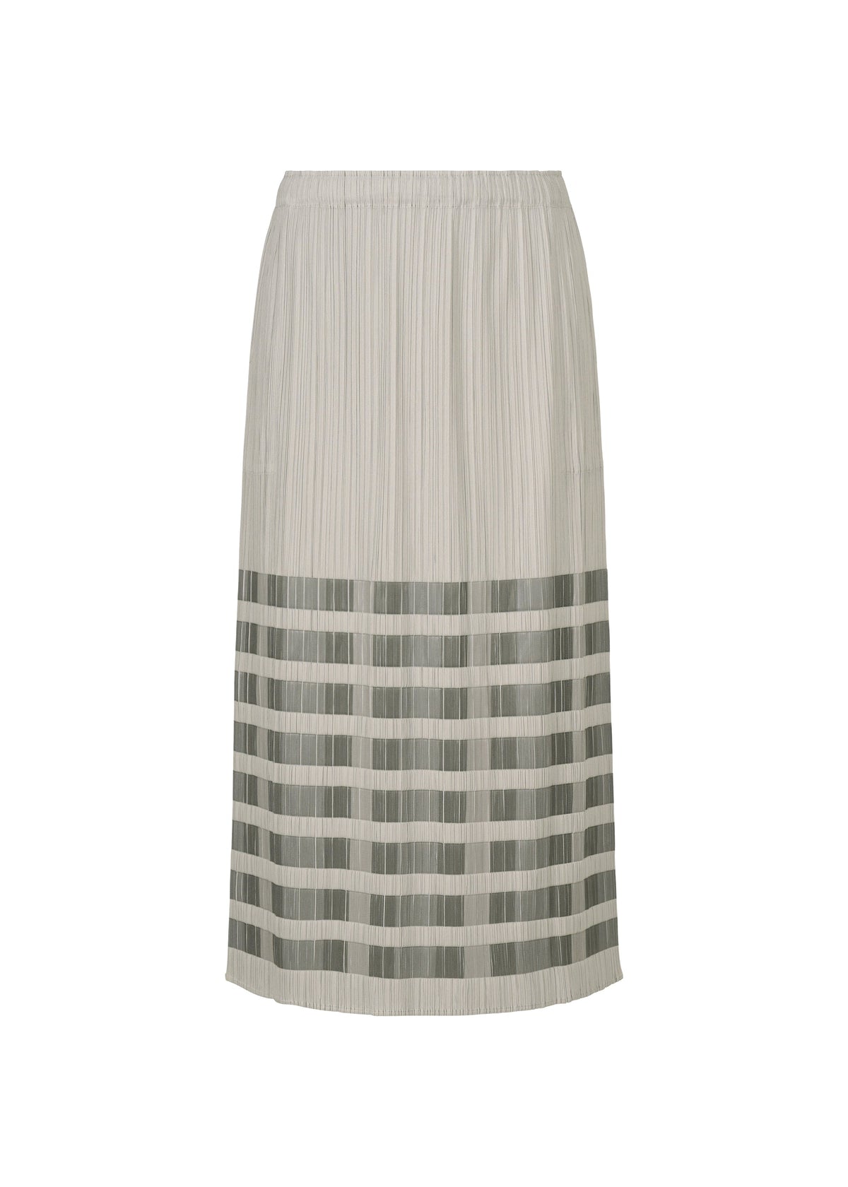 The BUMPY BASKET skirt by PLEATS PLEASE ISSEY MIYAKE is a knee-length, light gray pleated skirt with pockets and horizontal sheer and opaque striped panels near the bottom half, shown on a white background. view 1 of 8