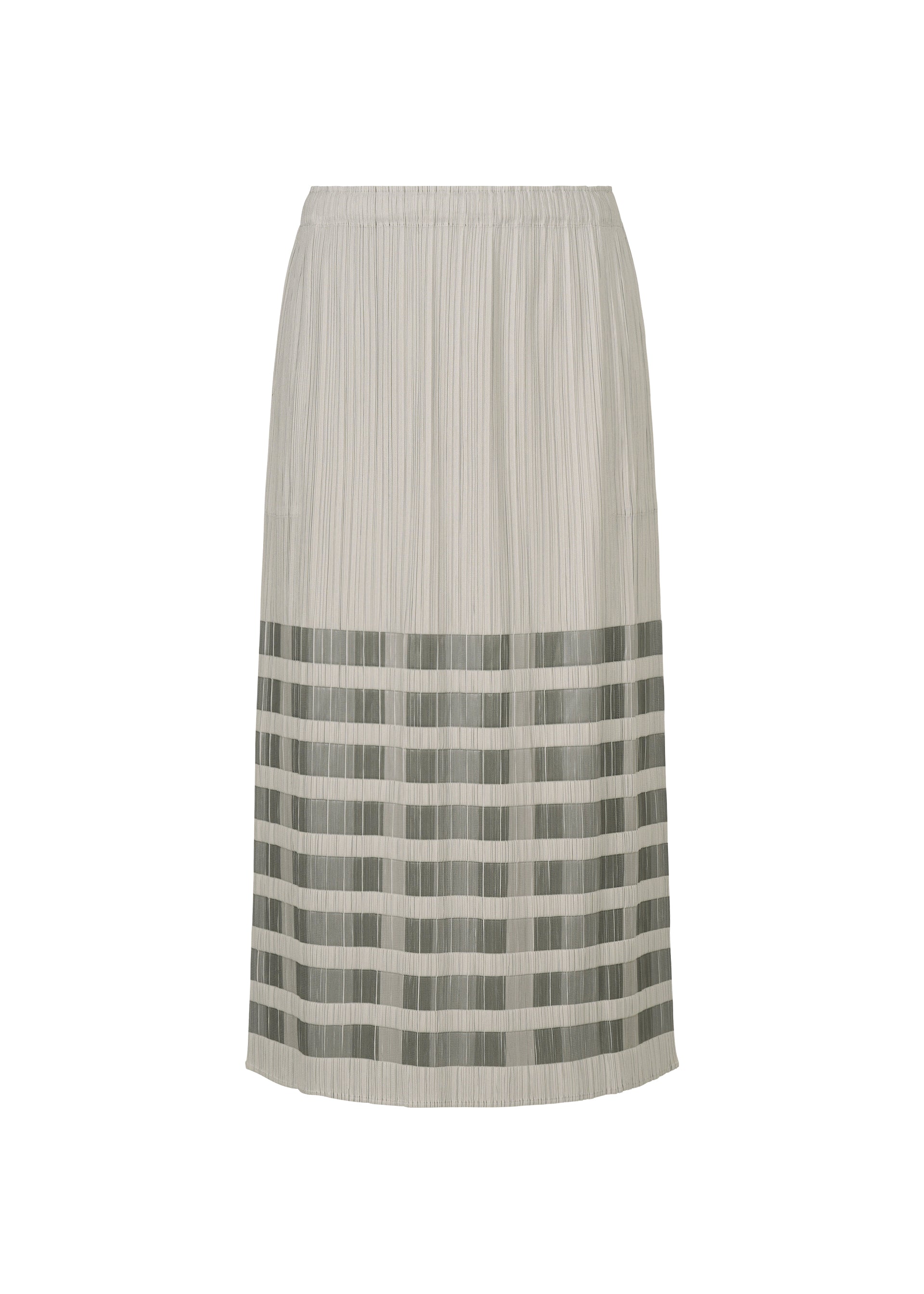 Zoomed view The BUMPY BASKET skirt by PLEATS PLEASE ISSEY MIYAKE is a knee-length, light gray pleated skirt with pockets and horizontal sheer and opaque striped panels near the bottom half, shown on a white background. - CHARCOAL （no.17）