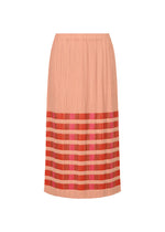The BUMPY BASKET skirt by PLEATS PLEASE ISSEY MIYAKE is a midi-length pleated peach skirt with red and pink striped bands near the hem, an elastic waistband, and handy pockets for style and convenience. - PINK （no.22）
