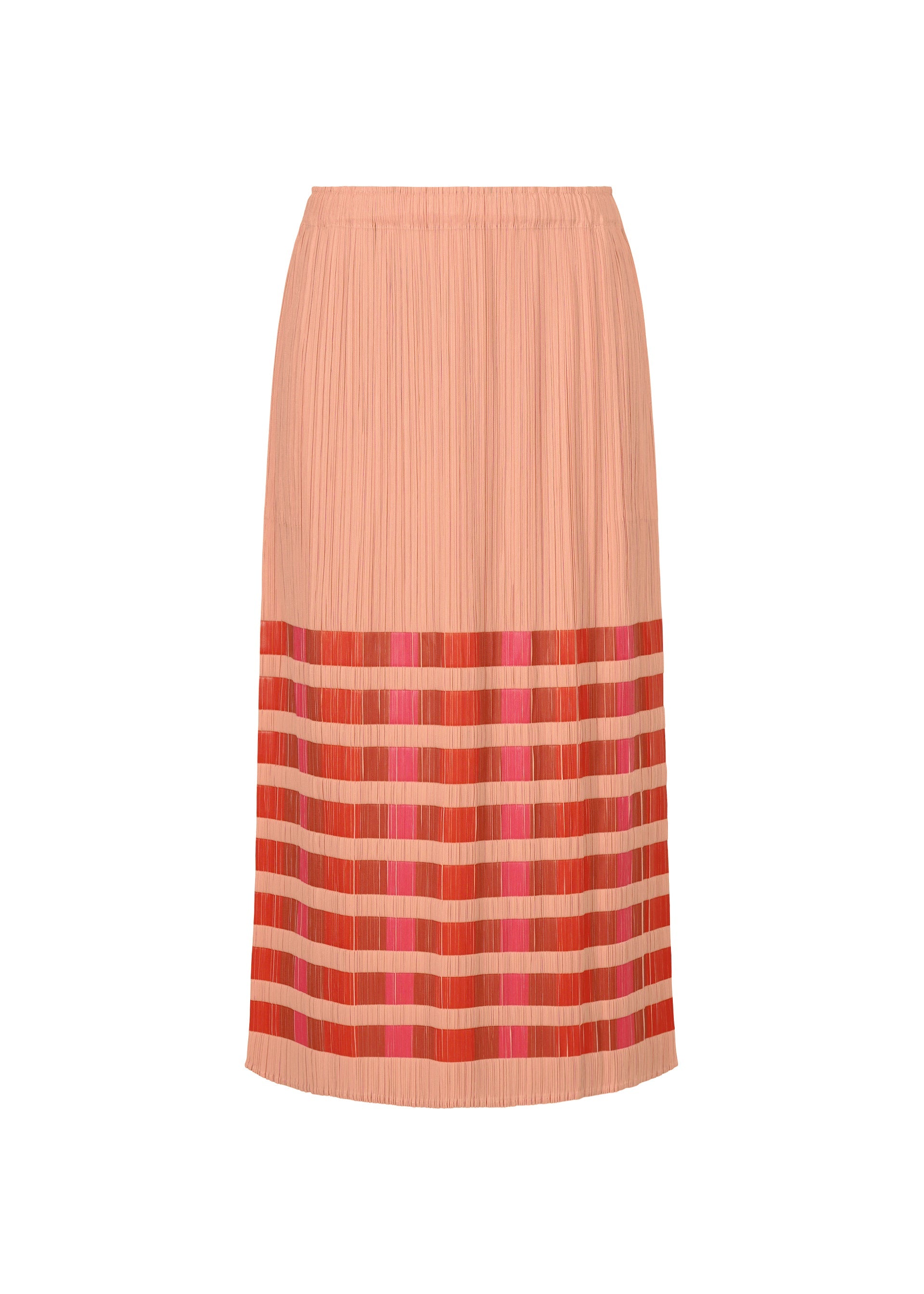 Zoomed view The BUMPY BASKET skirt by PLEATS PLEASE ISSEY MIYAKE is a midi-length pleated peach skirt with red and pink striped bands near the hem, an elastic waistband, and handy pockets for style and convenience. - PINK （no.22）
