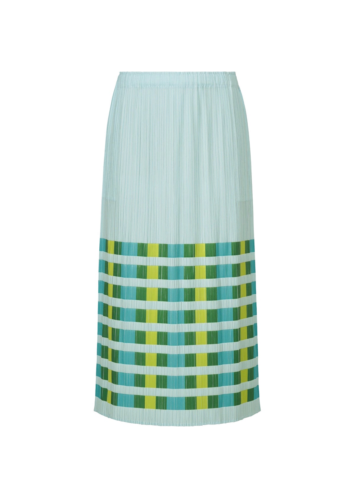 The BUMPY BASKET skirt by PLEATS PLEASE ISSEY MIYAKE is light blue, pleated, knee-length, with green, yellow, and blue horizontal stripes near the hem, an elastic waistband, and handy pockets. view 3 of 8