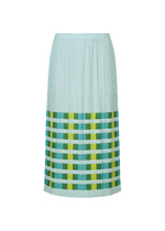 The BUMPY BASKET skirt by PLEATS PLEASE ISSEY MIYAKE is light blue, pleated, knee-length, with green, yellow, and blue horizontal stripes near the hem, an elastic waistband, and handy pockets. - GREEN （no.62）