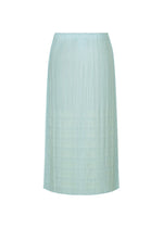 BUMPY BASKET by PLEATS PLEASE ISSEY MIYAKE: a light blue, knee-length pleated skirt with pockets and an elastic waistband, shown on a plain white background.