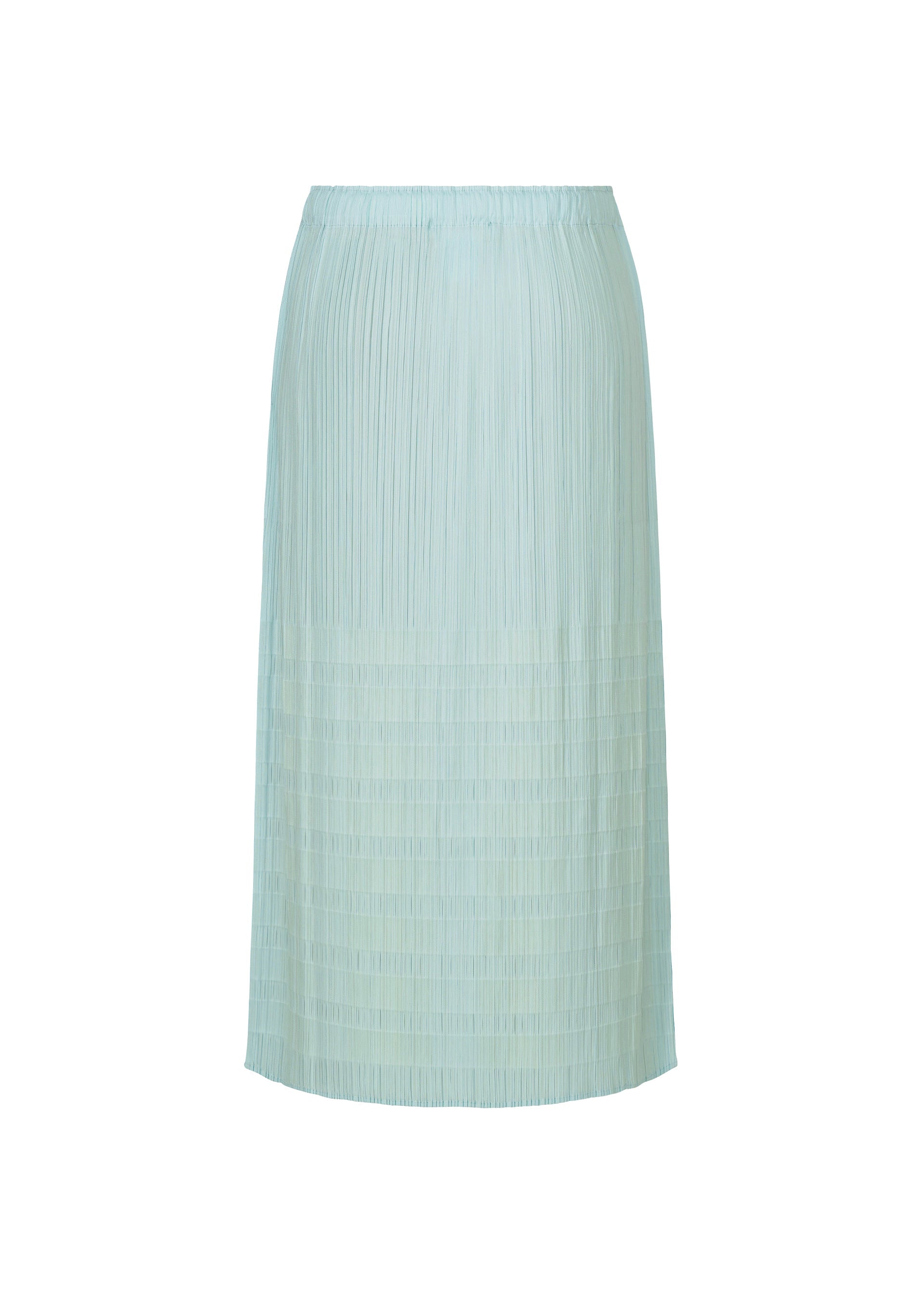 Zoomed view BUMPY BASKET by PLEATS PLEASE ISSEY MIYAKE: a light blue, knee-length pleated skirt with pockets and an elastic waistband, shown on a plain white background.
