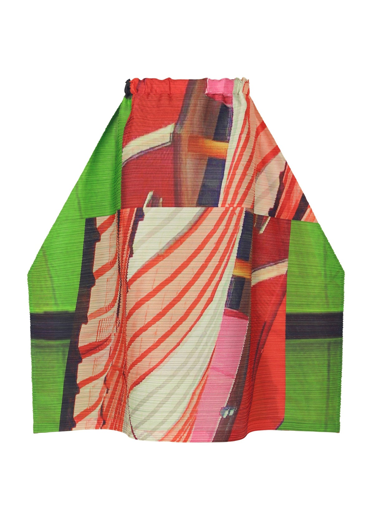 The CITY COLLAGE skirt by PLEATS PLEASE ISSEY MIYAKE features geometric pleats and a bold abstract collage in red, green, pink, and tan, with a gathered waistband, shown against a white background. view 2 of 9