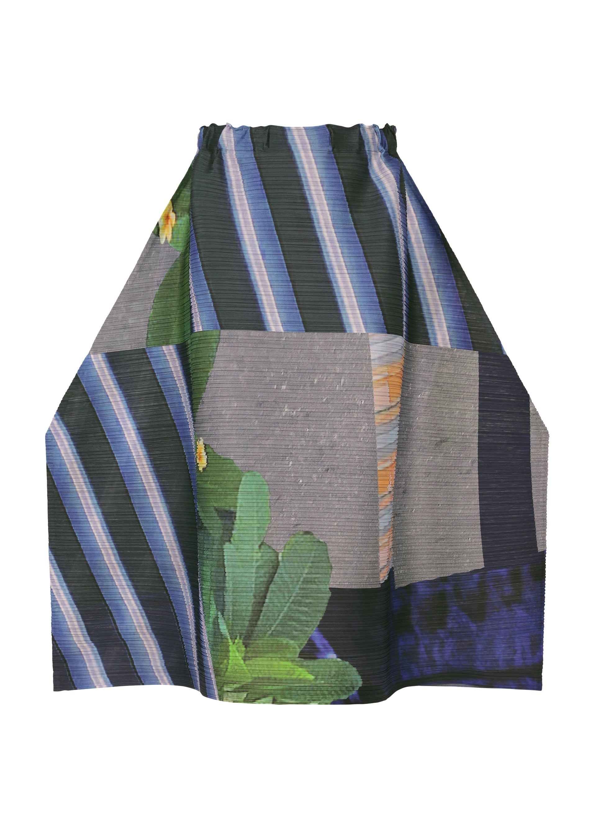 Zoomed view The CITY COLLAGE skirt by PLEATS PLEASE ISSEY MIYAKE is knee-length and pleated, with a gathered waistband and a vibrant collage of blue stripes, gray rectangles, and green leafy prints with yellow flowers. - GRAY×NAVY （no.09）