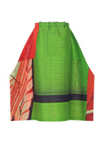 The CITY COLLAGE pleated skirt by PLEATS PLEASE ISSEY MIYAKE features a bold, abstract collage print in bright green, red, and beige with black stripes, shown against a plain white background.