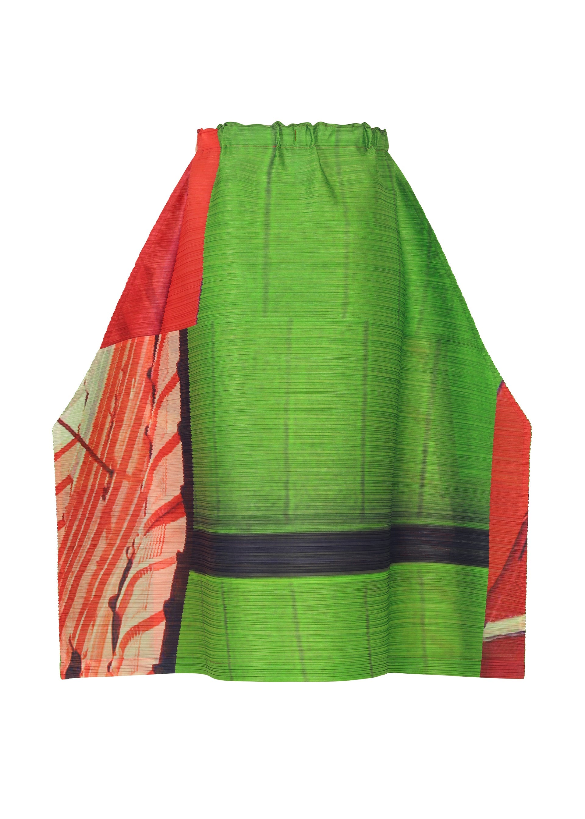 Zoomed view The CITY COLLAGE pleated skirt by PLEATS PLEASE ISSEY MIYAKE features a bold, abstract collage print in bright green, red, and beige with black stripes, shown against a plain white background.