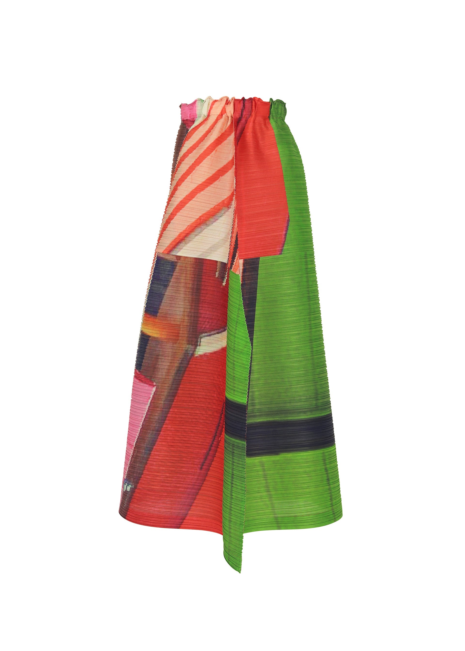 Zoomed view The CITY COLLAGE skirt by PLEATS PLEASE ISSEY MIYAKE is a colorful, knee-length pleated piece with an abstract pattern in red, green, pink, and black, featuring a gathered waistband and slightly flared silhouette.