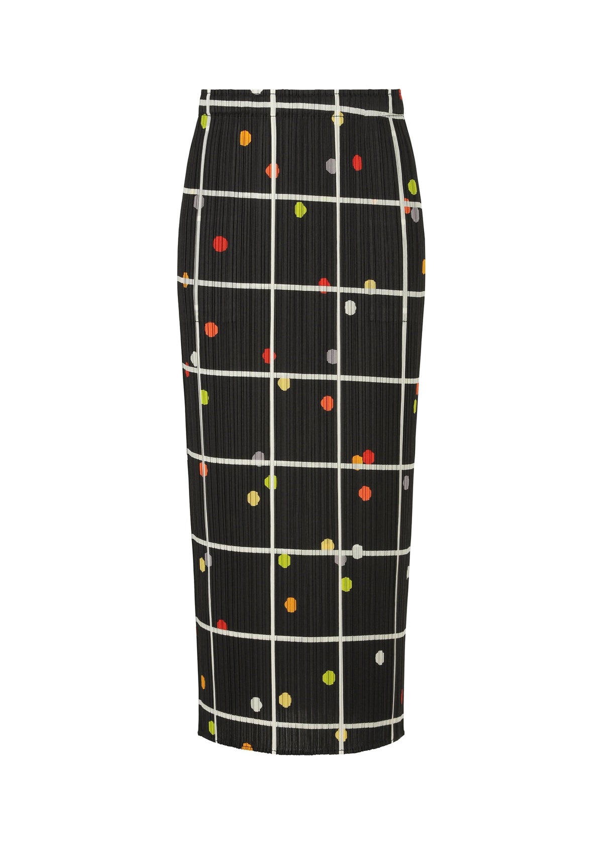 The CROSSING DOTS skirt by PLEATS PLEASE ISSEY MIYAKE features a black base with a white grid and multicolored polka dots in orange, yellow, green, and red. Made from pleated textured fabric, this straight skirt offers dynamic dimension. view 2 of 6