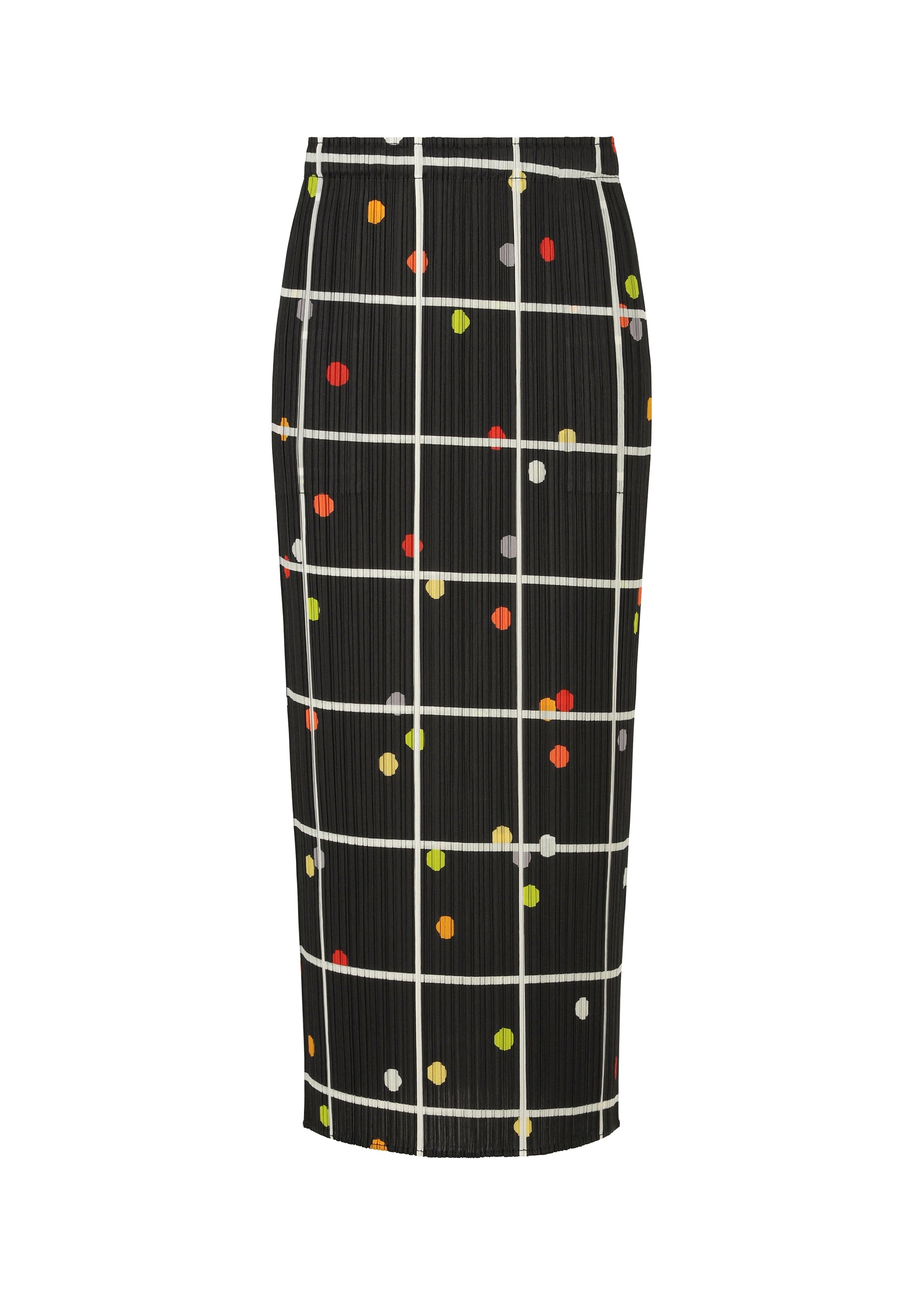 Zoomed view The CROSSING DOTS skirt by PLEATS PLEASE ISSEY MIYAKE features a black base with a white grid and multicolored polka dots in orange, yellow, green, and red. Made from pleated textured fabric, this straight skirt offers dynamic dimension. - BLACK （no.15）
