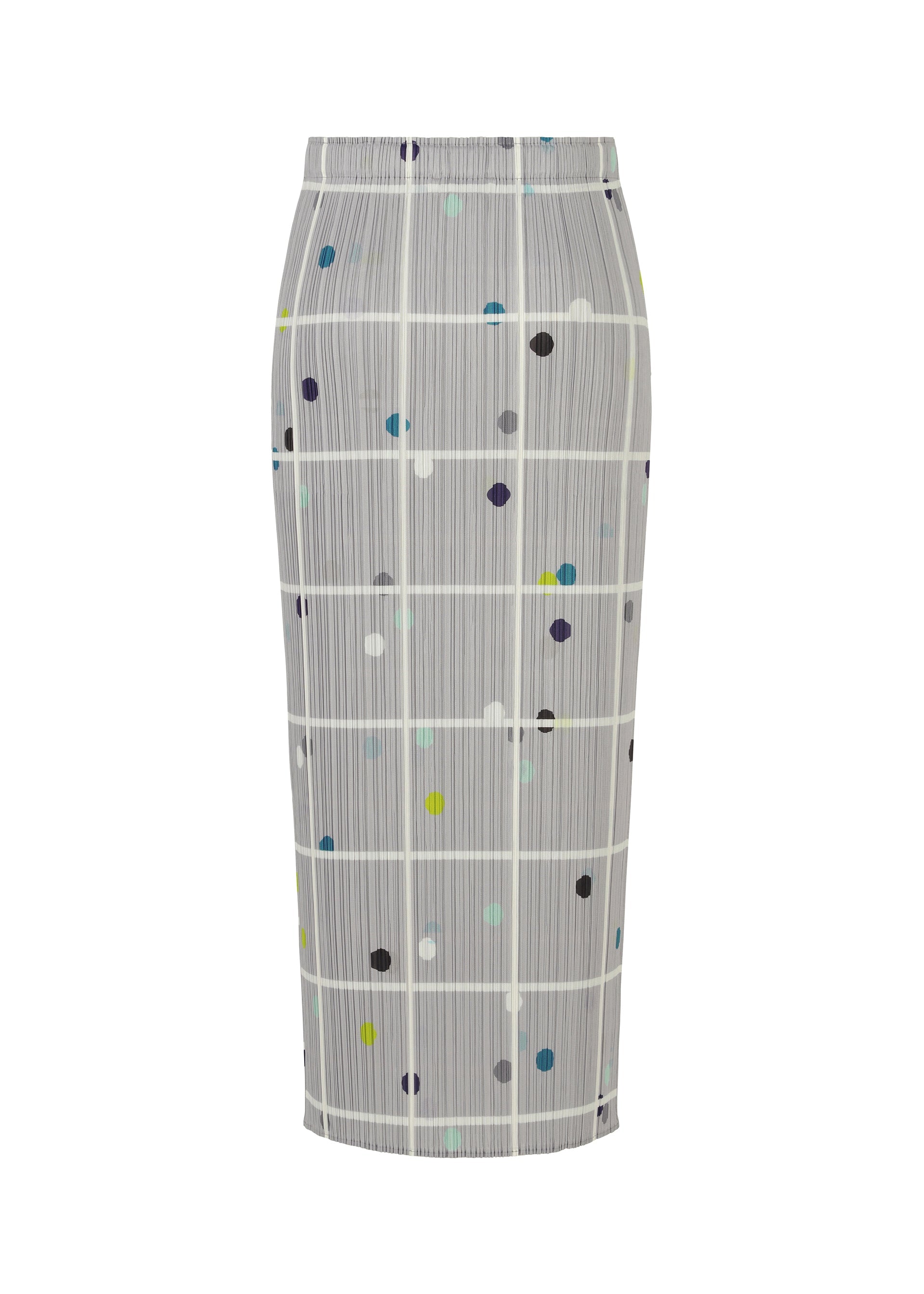 Zoomed view The CROSSING DOTS skirt by PLEATS PLEASE ISSEY MIYAKE is a high-waisted, knee-length design with a gray base, white grid lines, and multicolored dots.