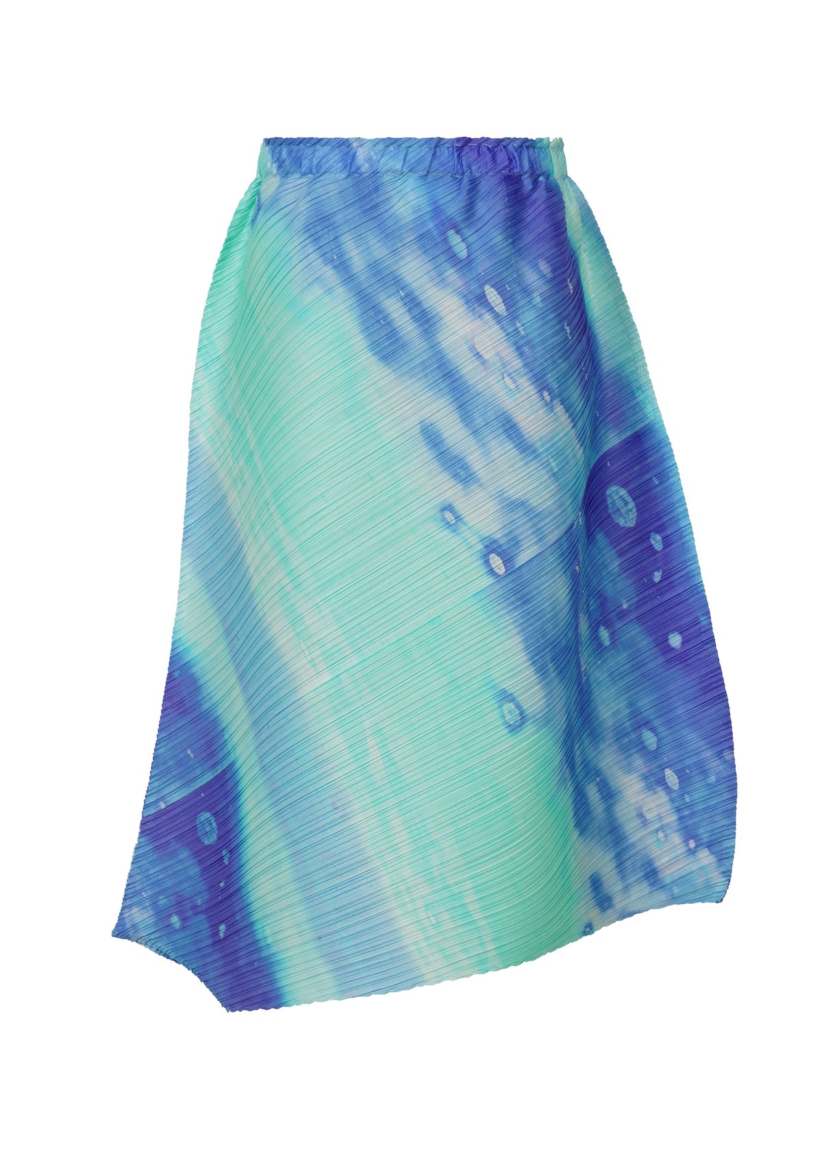 The SEA BUBBLE skirt by PLEATS PLEASE ISSEY MIYAKE features pleats, an asymmetrical design, a blue and teal abstract pattern with darker accents, a subtle sheen, and a discreet pocket for convenience. view 3 of 7